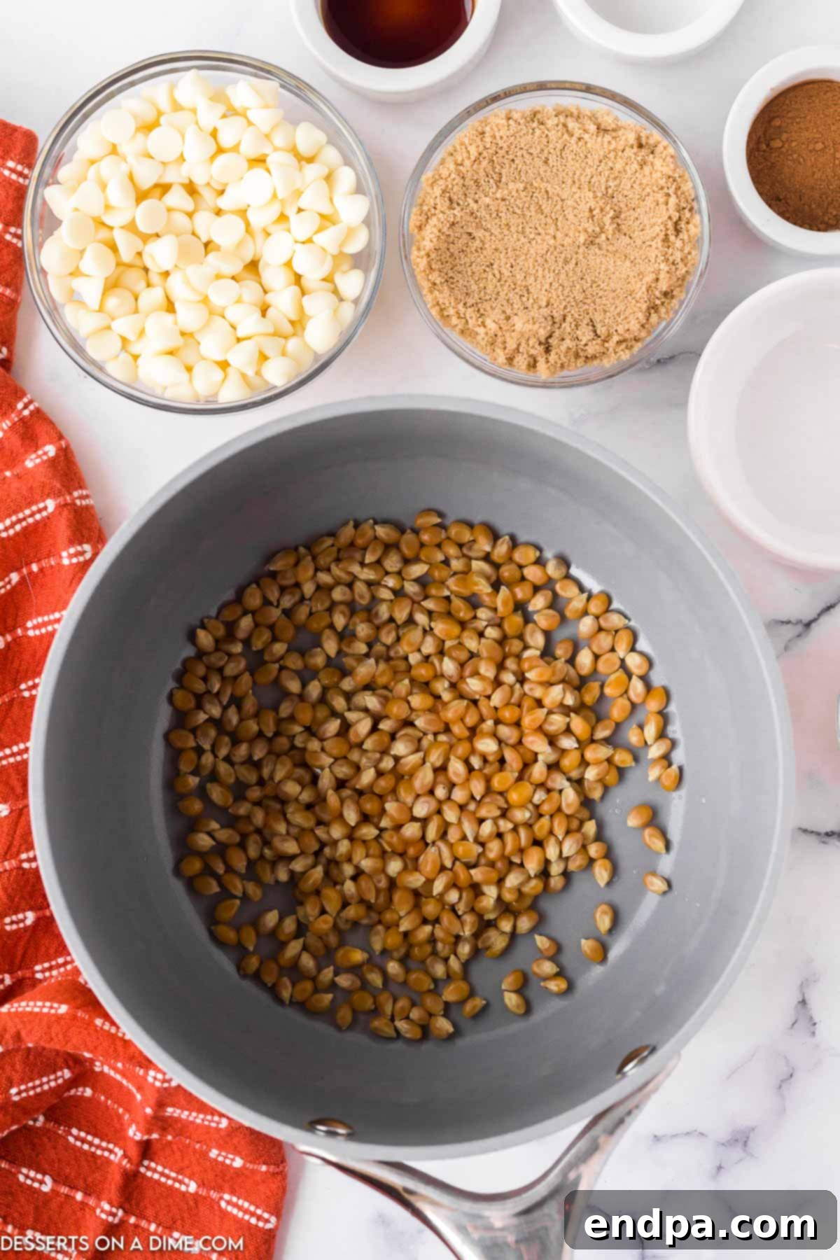 Frosted Cinnamon Popcorn 3 Kernels in a bowl.