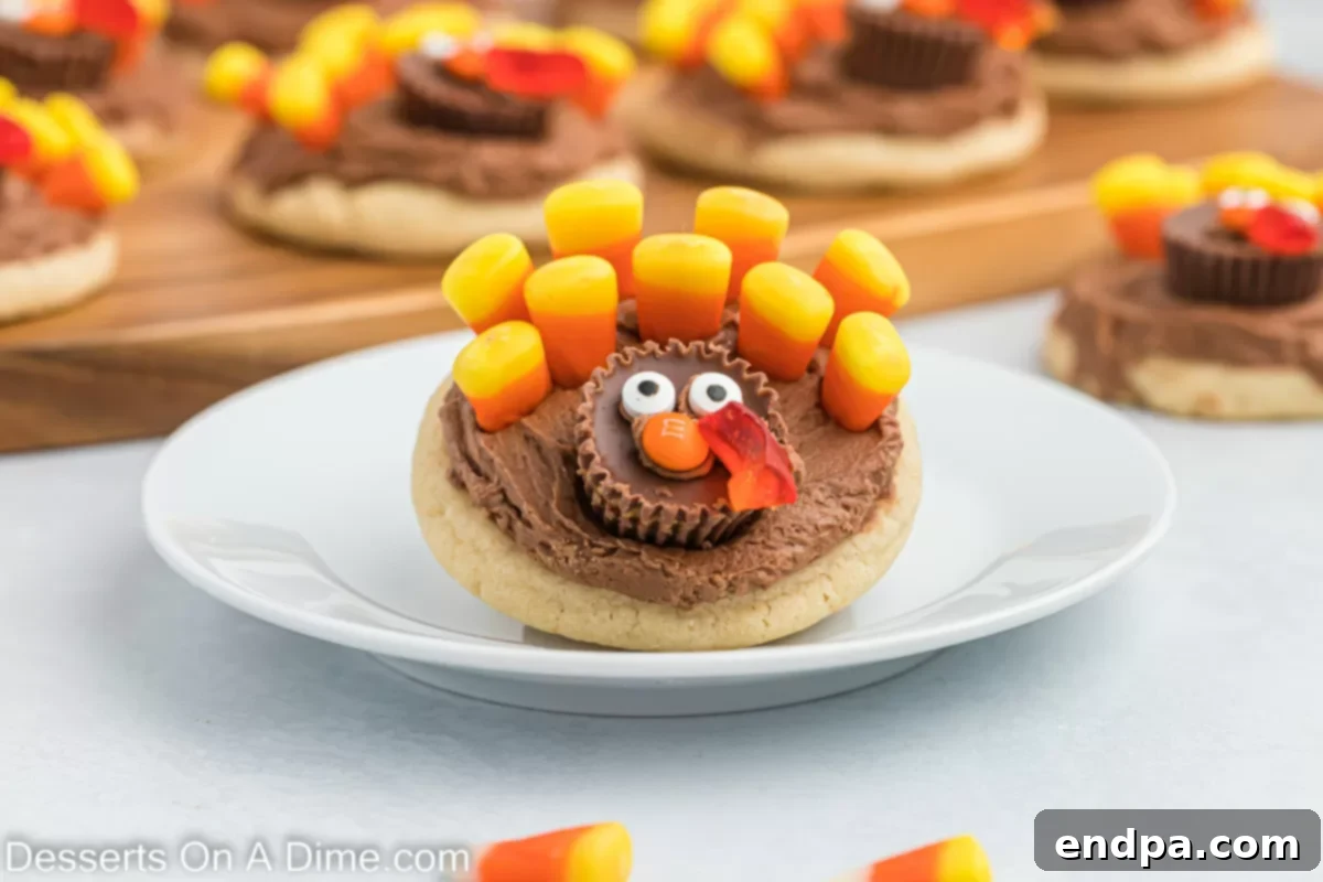 A beautifully decorated Thanksgiving sugar cookie shaped as a turkey, featuring colorful candy feathers and a chocolate body.