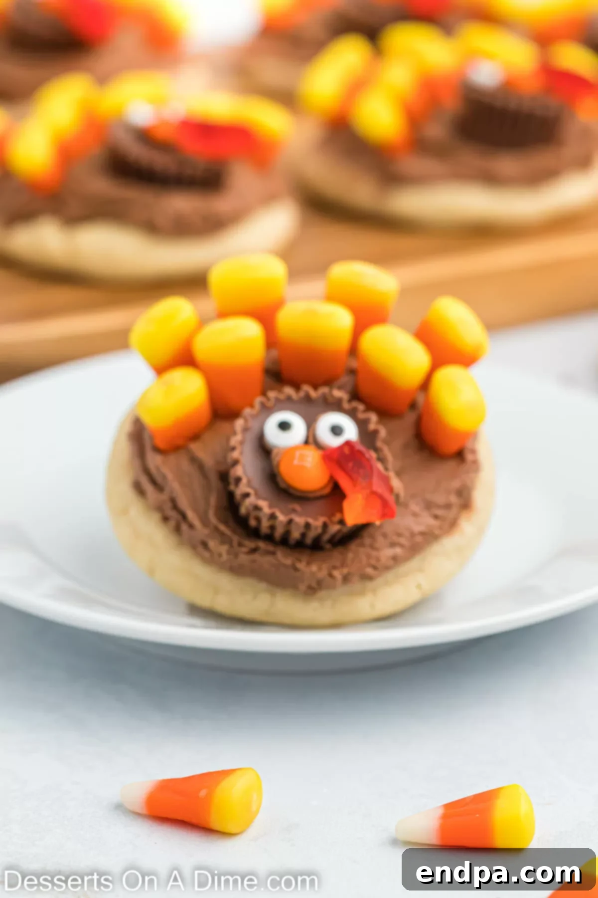 A single Thanksgiving sugar cookie decorated as a turkey, presented on a white plate.