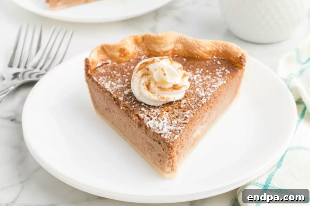 A perfectly baked slice of creamy cinnamon pie on a pristine white plate, garnished with a light dusting of powdered sugar, ready to be enjoyed.