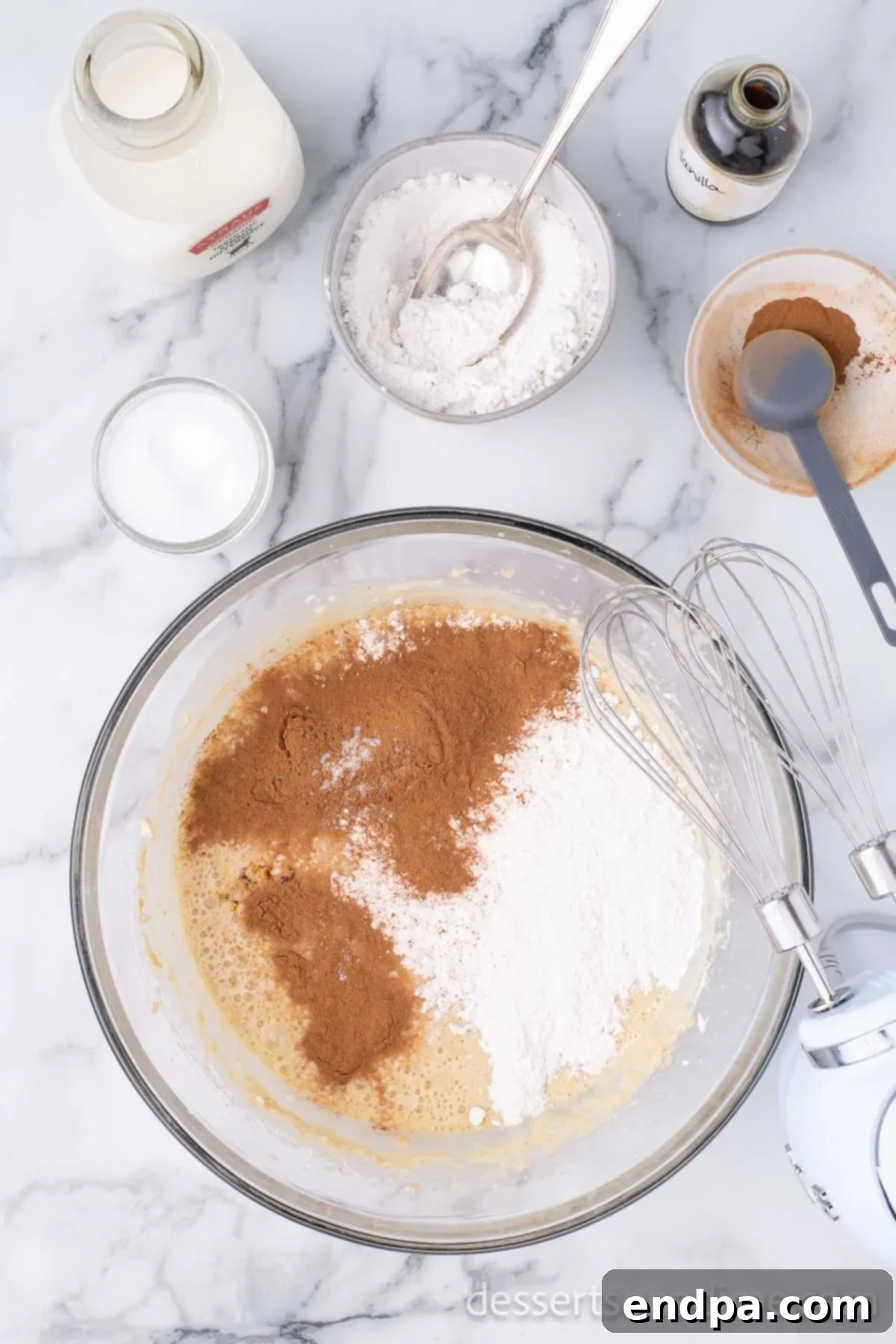 The fully mixed, smooth, and creamy cinnamon pie filling, showing its readiness for pouring into the crust.