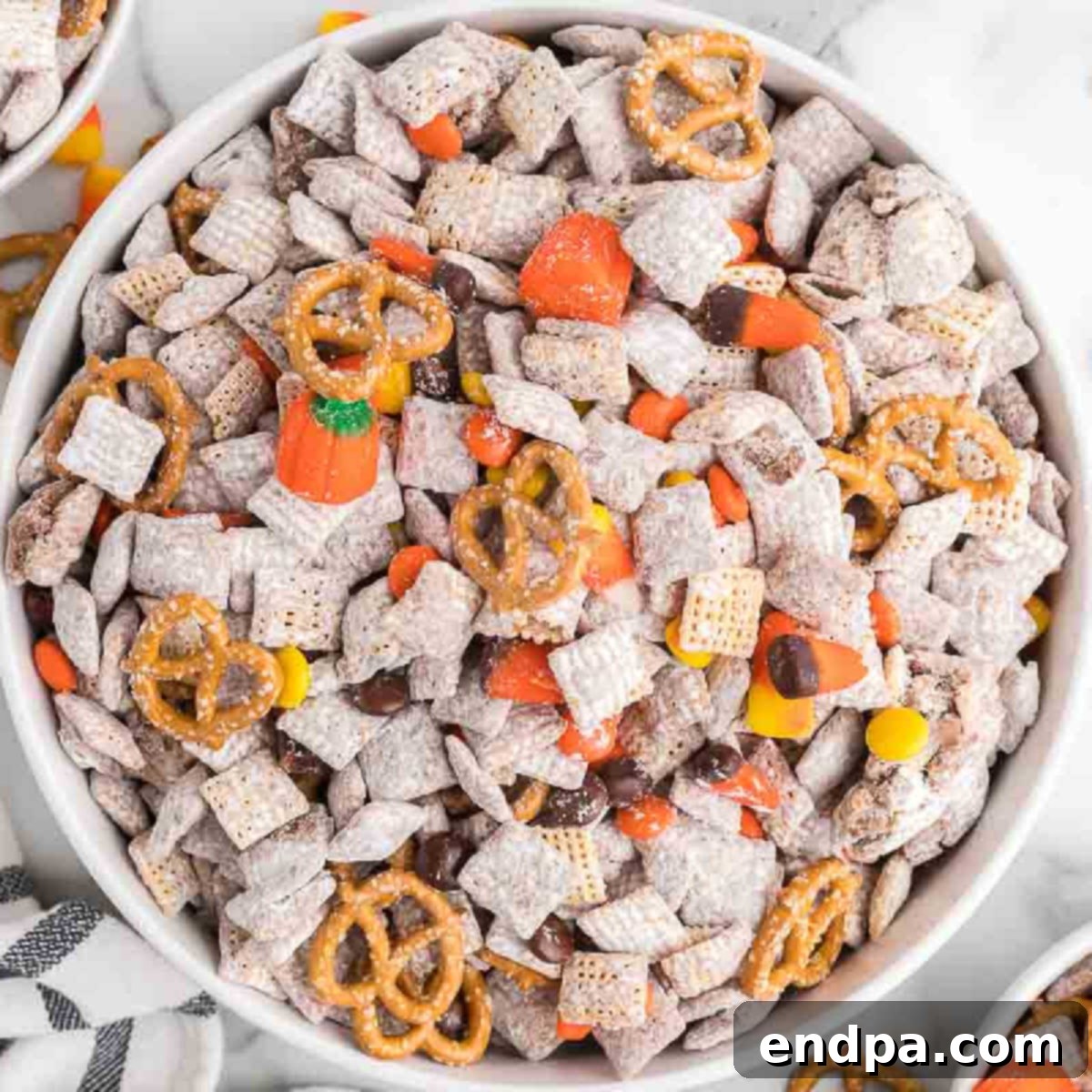 A serving of Harvest Puppy Chow in a white bowl, garnished with whole Reese's Pieces and Autumn mix candies.