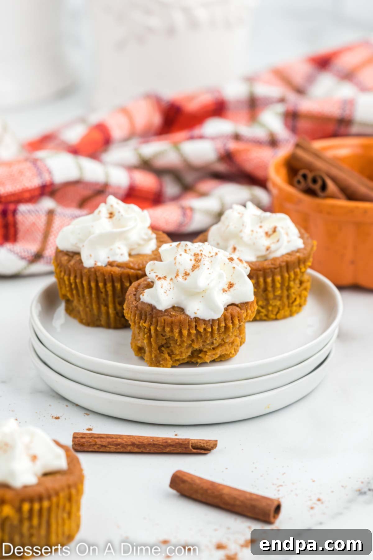 Close up image of pumpkin cupcakes on a white plate, showcasing their inviting texture and whipped cream topping.