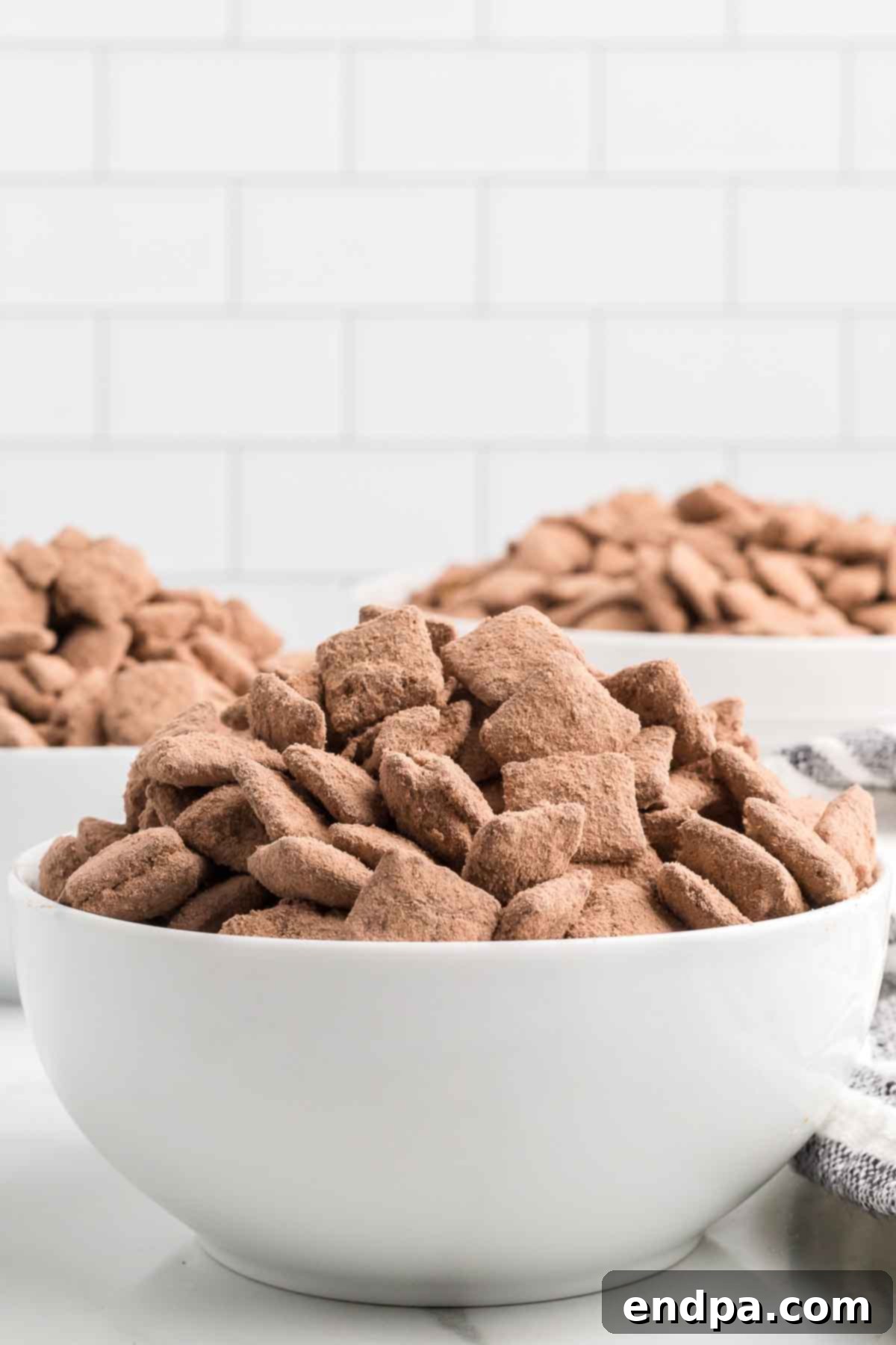 Double Fudge Brownie Crunch 2 A bowl filled with delicious Brownie Puppy Chow, showcasing its rich chocolate coating and delightful texture.