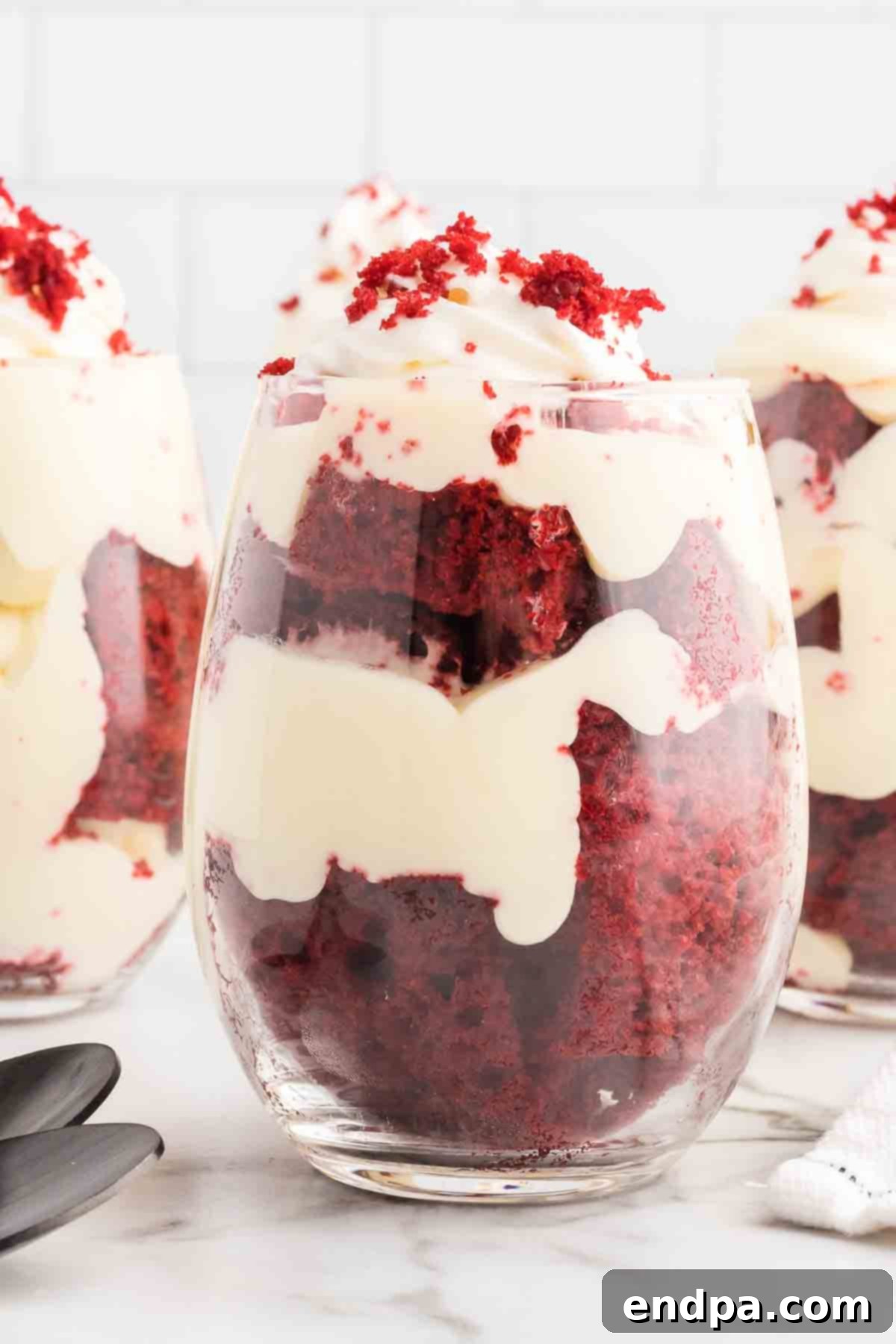 Red velvet trifle cups close up.