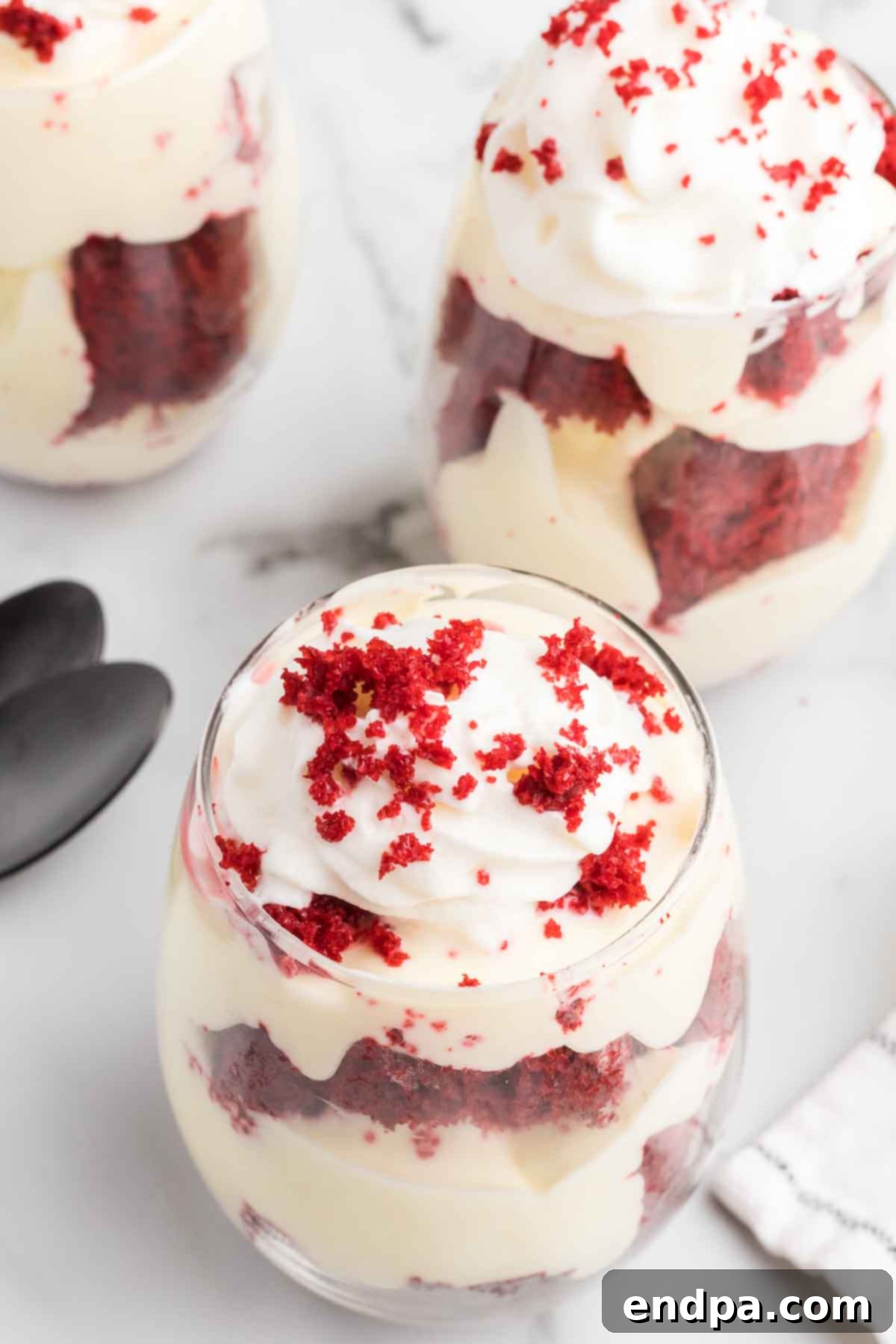 Red velvet trifle cups close up.
