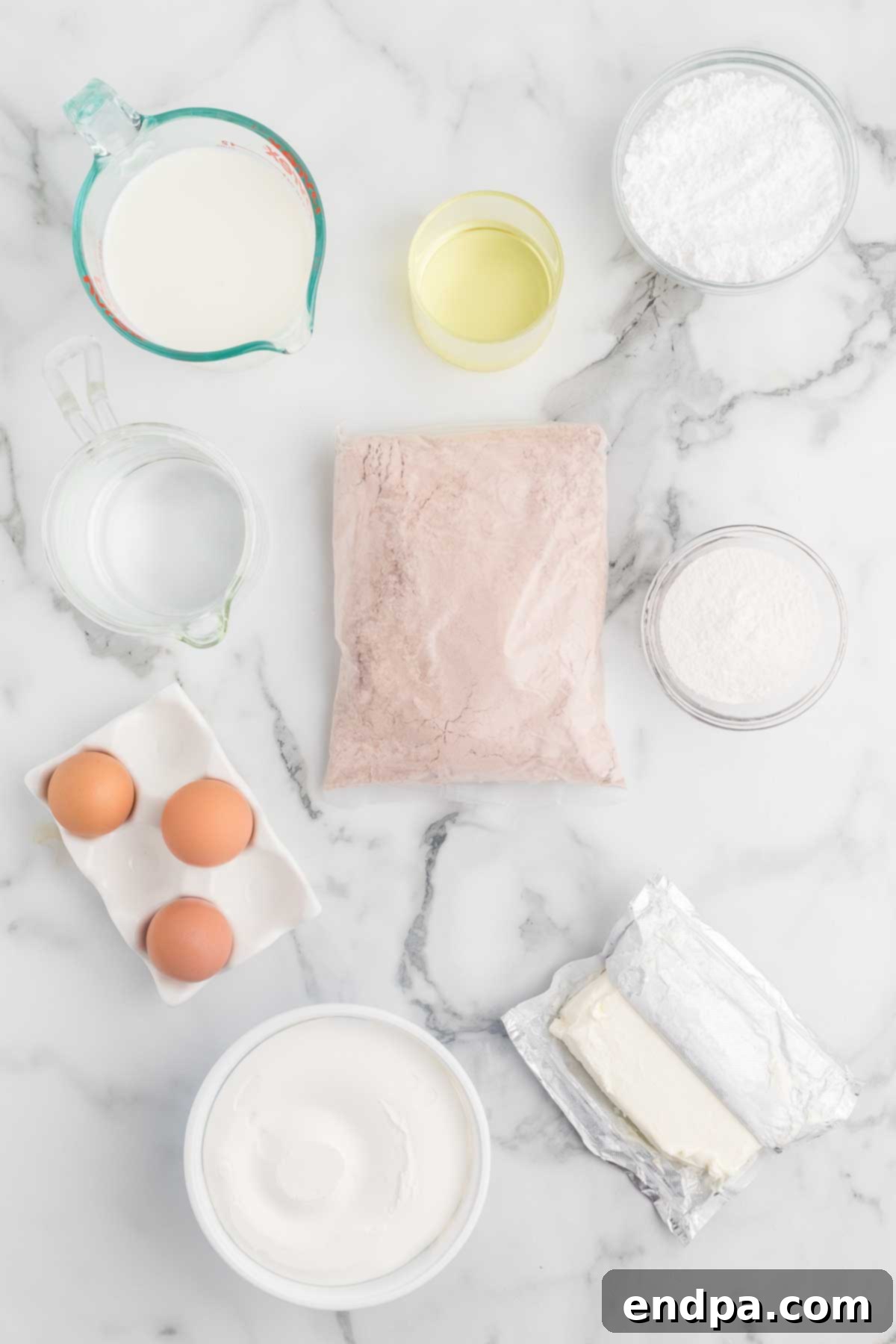 Ingredients for Red velvet trifle cups- red velvet cake mix, vanilla pudding, milk, cream cheese, powdered sugar, cool whip.