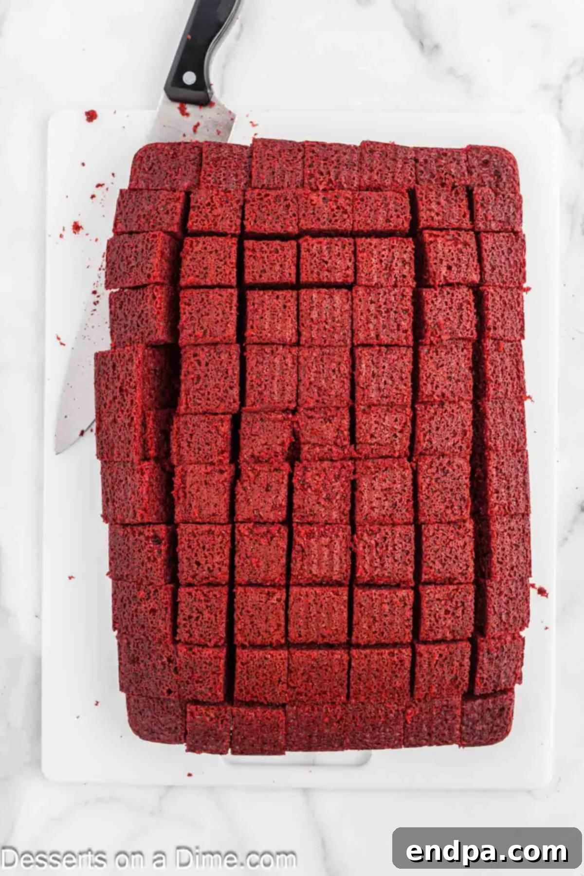 Red velvet cake cut into cubes.