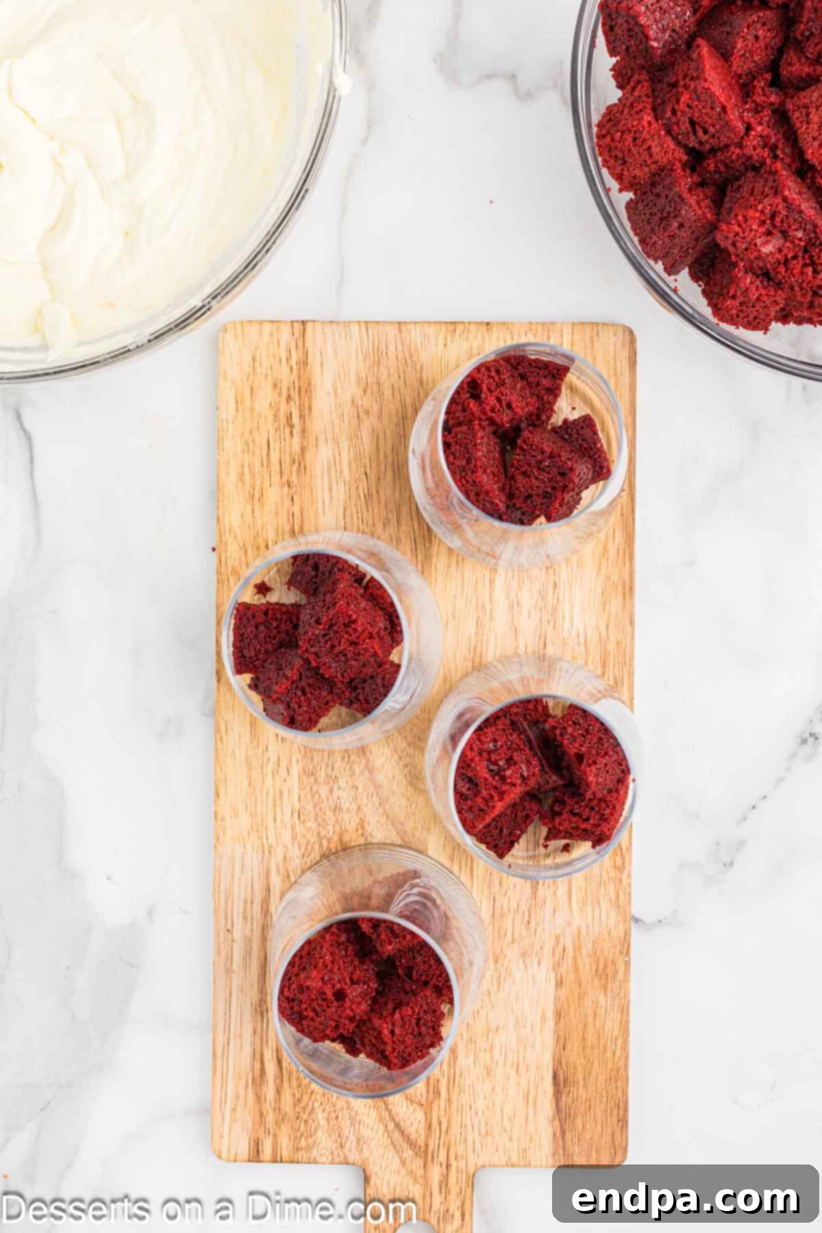 Cake cubes layered in cup.