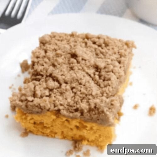Beyond Pie: Thanksgiving Cake Recipes 7 A delicious slice of Pumpkin Coffee Cake, topped with a generous streusel crumb.