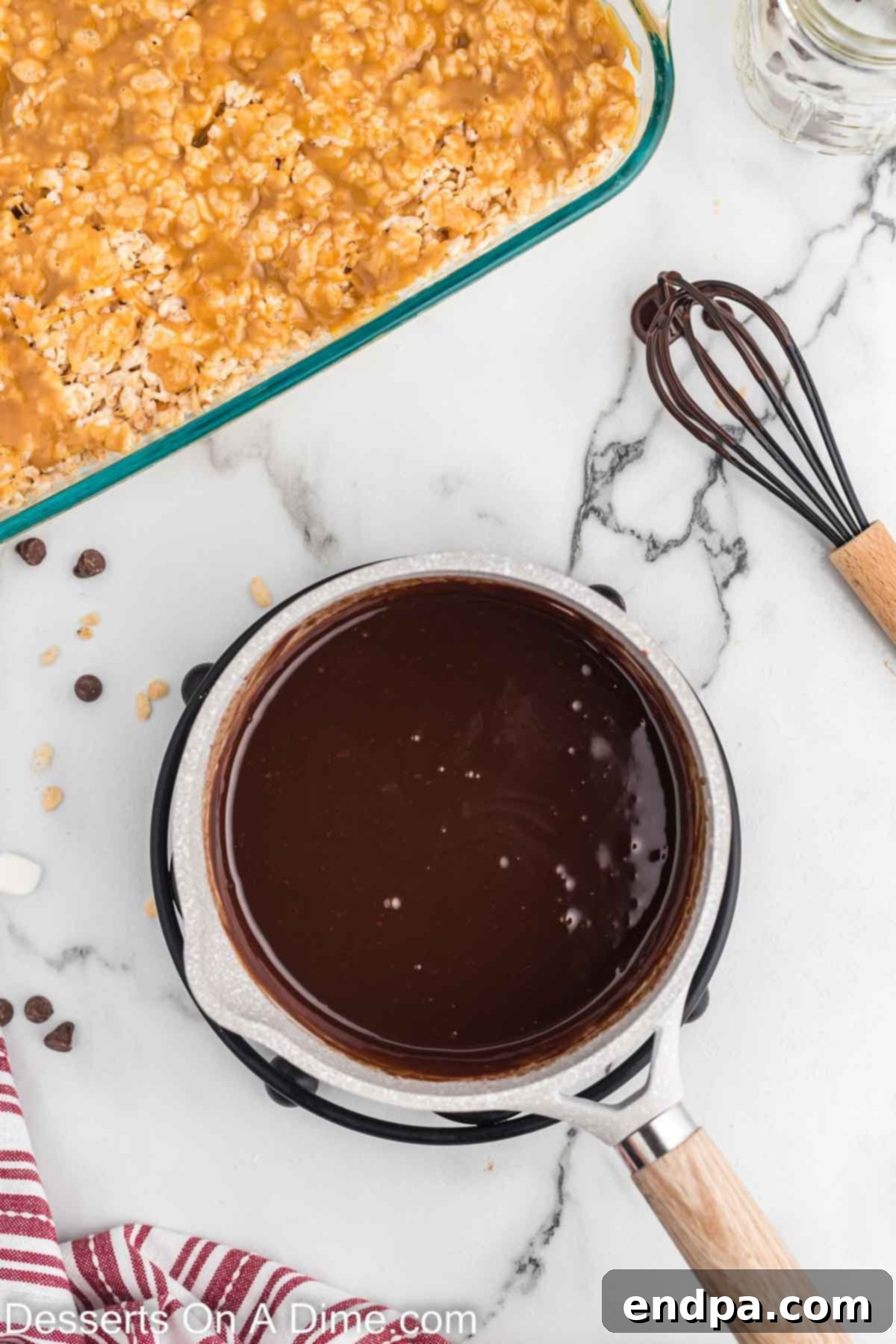 Chocolate chips added to hot cream and whisked until smooth.