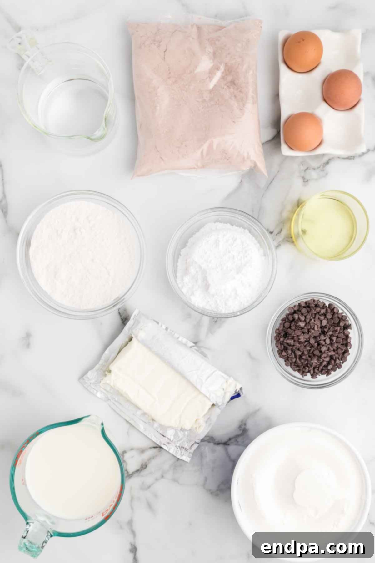 Crimson Velvet Dream 3 Ingredients for red velvet trifle - red velvet cake mix, pudding, milk, cream cheese, powdered sugar, cool whip, chocolate chips. A clean layout of all components for easy reference.