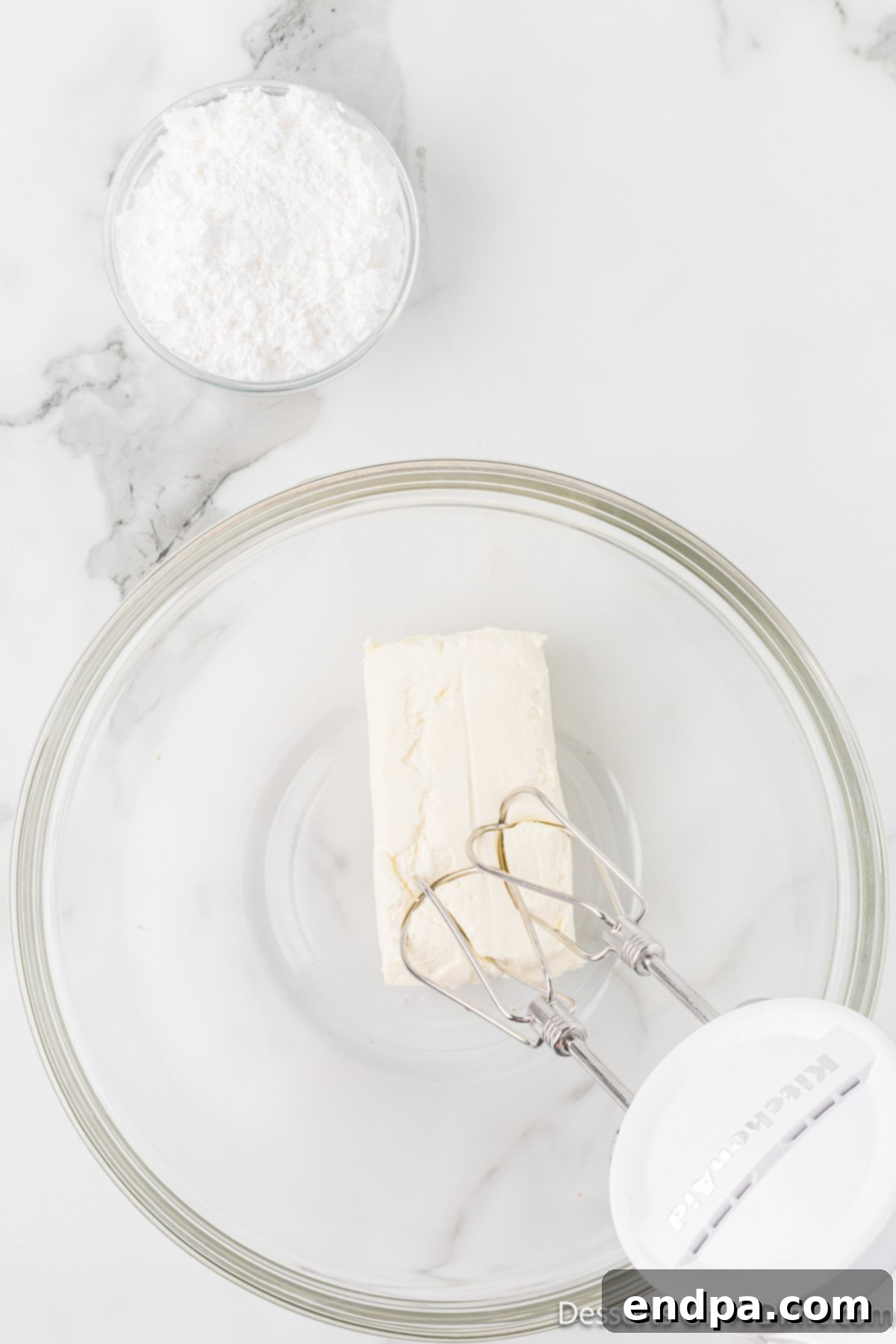 Crimson Velvet Dream 8 Cream cheese beat in bowl. Fluffy cream cheese, beaten to perfection.