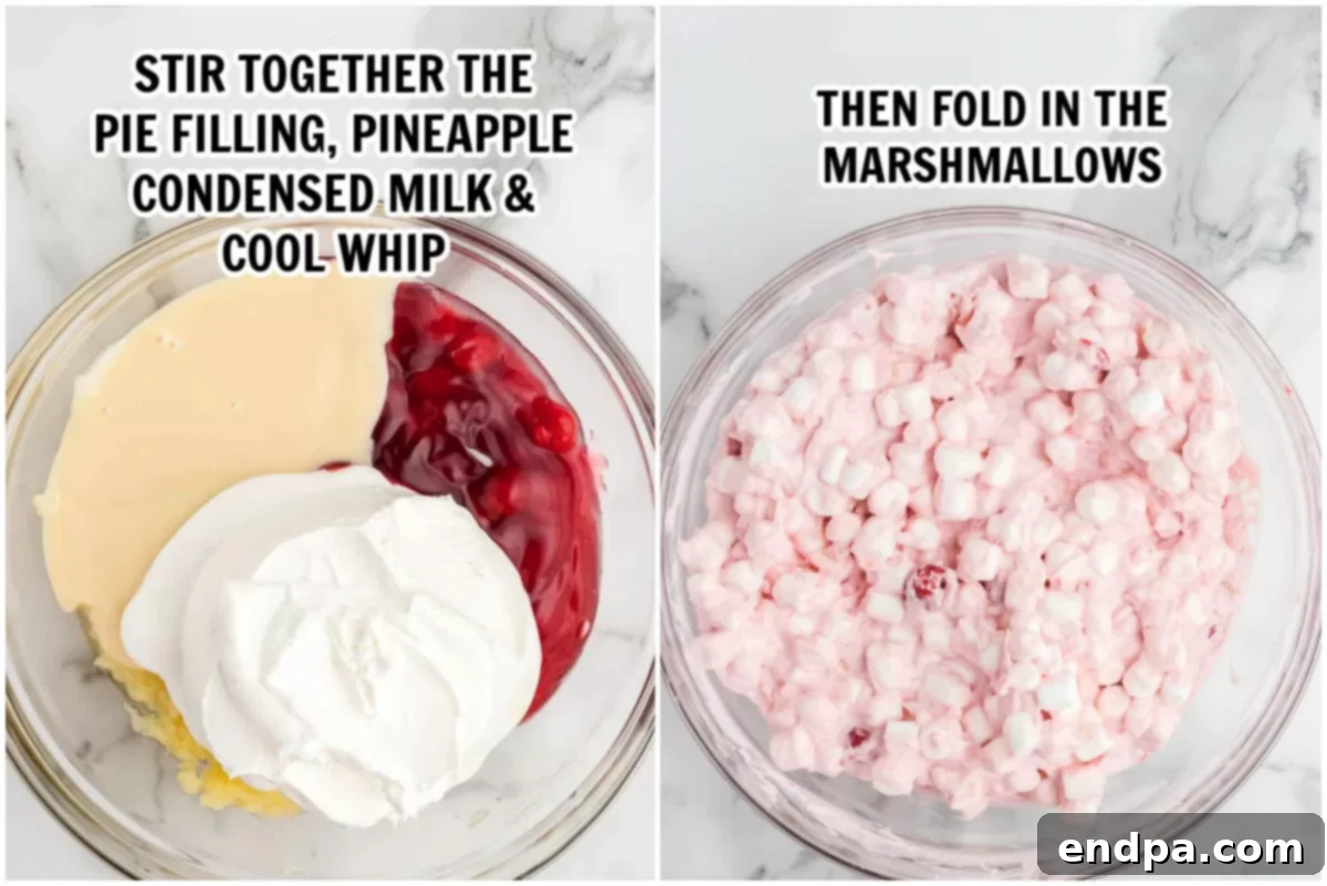 A series of process photos showing cherry pie filling, condensed milk, pineapple, and whipped topping being combined in a large bowl, followed by the addition of mini marshmallows being folded in.