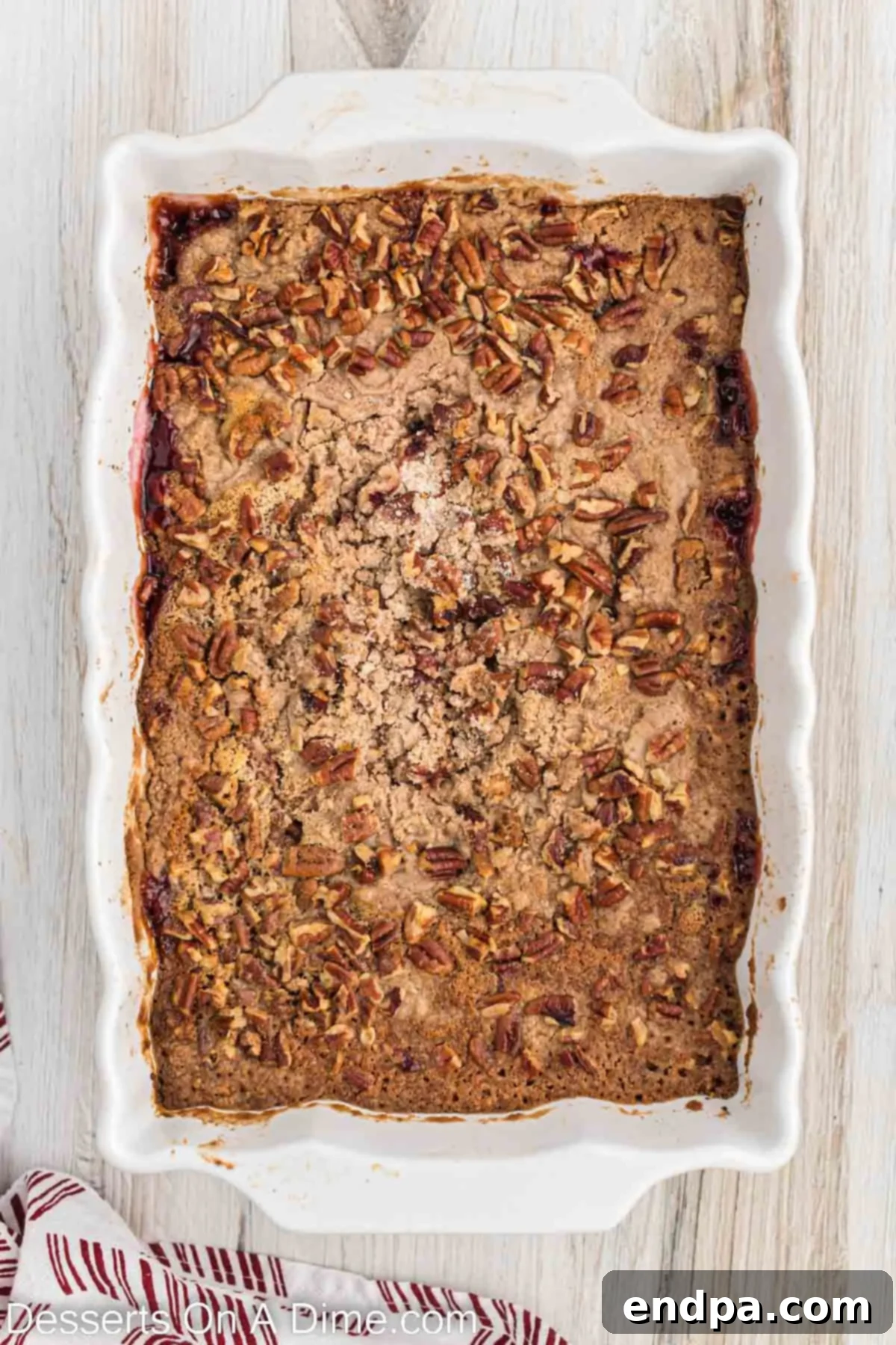 The Christmas dump cake baked until golden brown and bubbly around the edges.