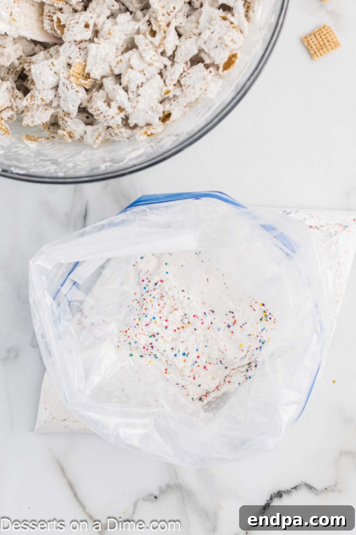 Birthday Cake Snack Mix 5 Ziplock bag with cake mix, sprinkles and powdered sugar.