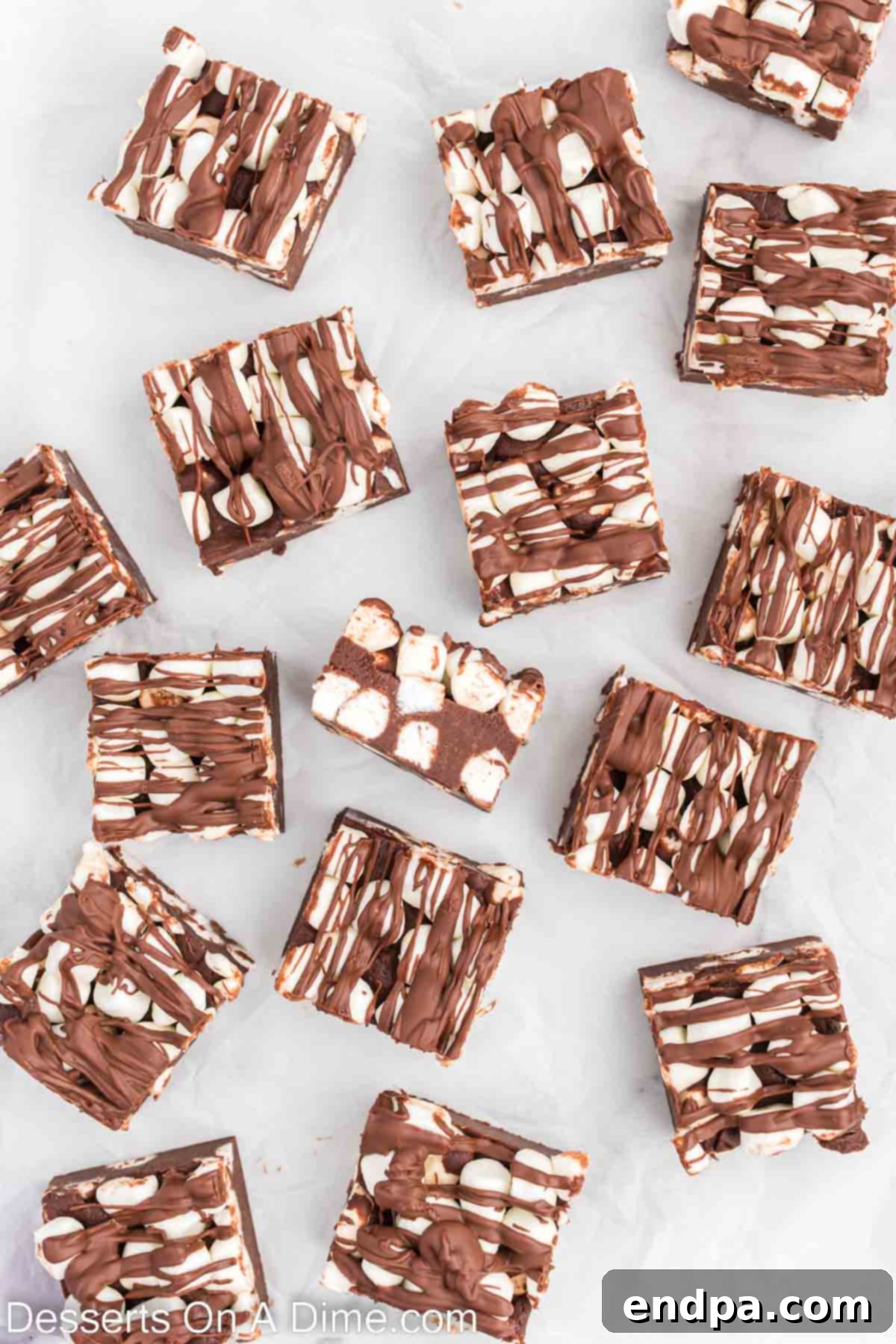 Fully set hot chocolate fudge, cut into uniform squares and ready to serve.