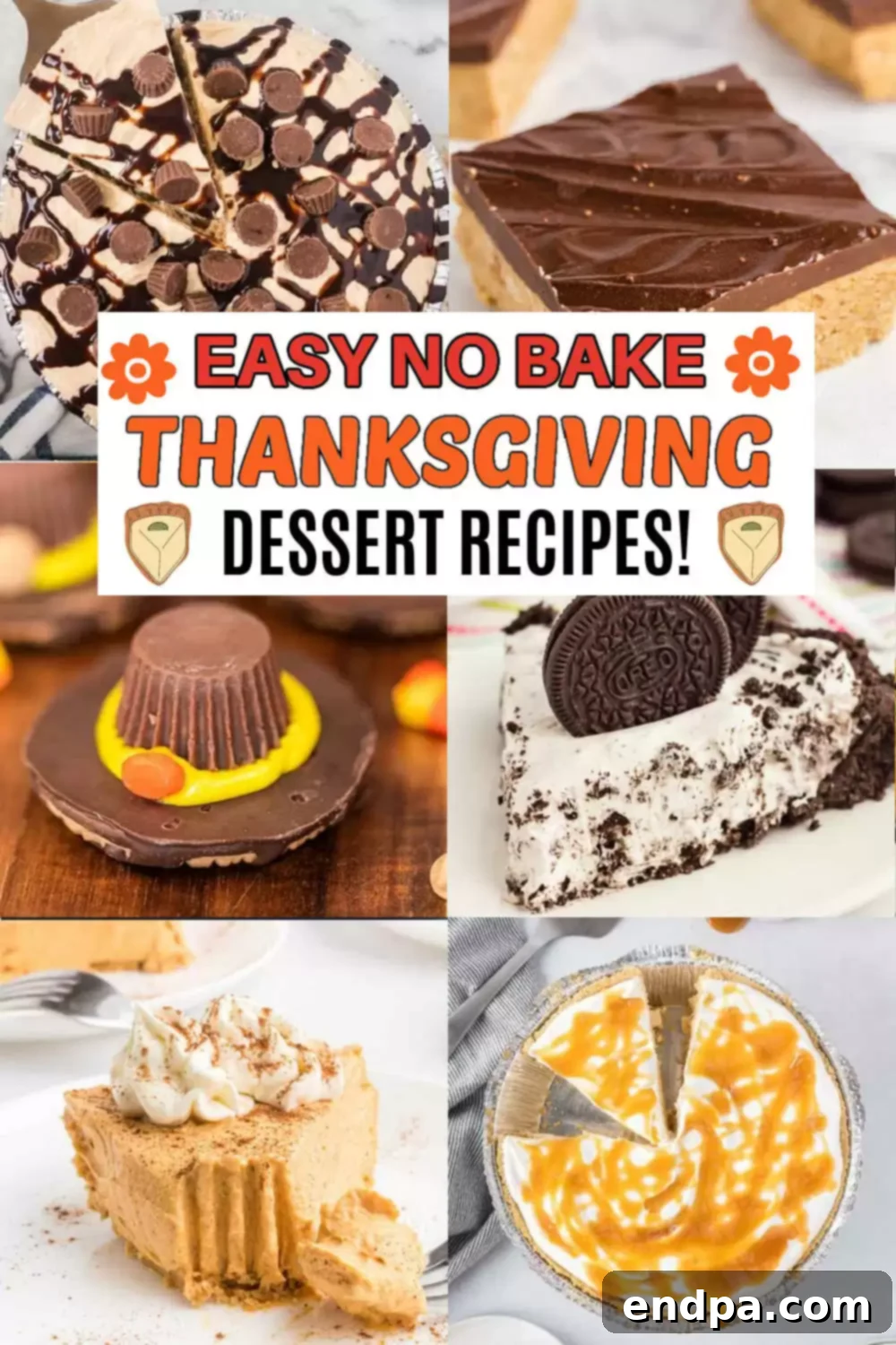 Effortless No-Bake Thanksgiving Treats 2 An inviting assortment of delicious no bake Thanksgiving desserts, including pies, cookies, and candies, displayed beautifully for the holiday table.