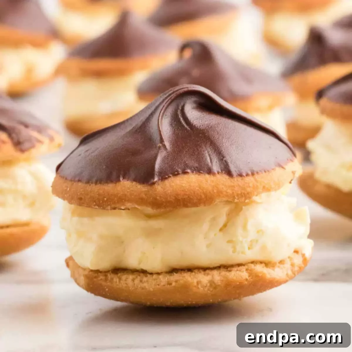 Eclair Cookie Fusion 11 Eclair Cookies arranged beautifully on a plate, showcasing the glossy chocolate topping and creamy vanilla filling, ready to be served.