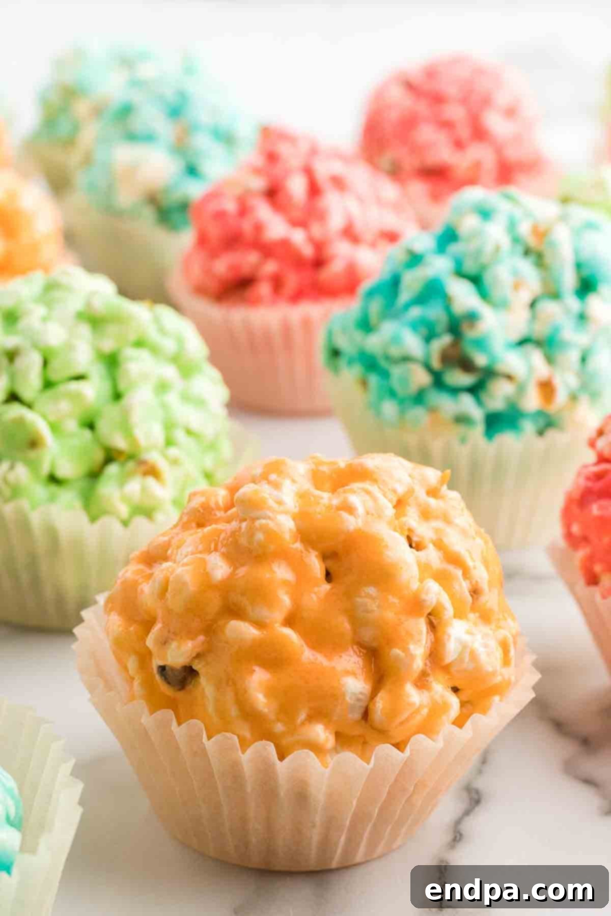 Jello popcorn balls in an assortment of colors, arranged attractively.