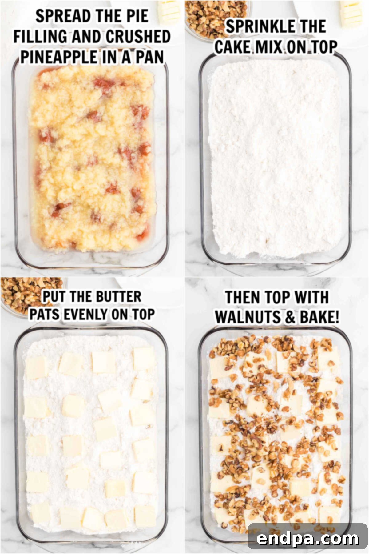 Oven-Baked Banana Split Treat 4 Process photos showing layers of strawberry pie filling, crushed pineapple, white cake mix, butter pats, and walnuts in a baking dish before baking.