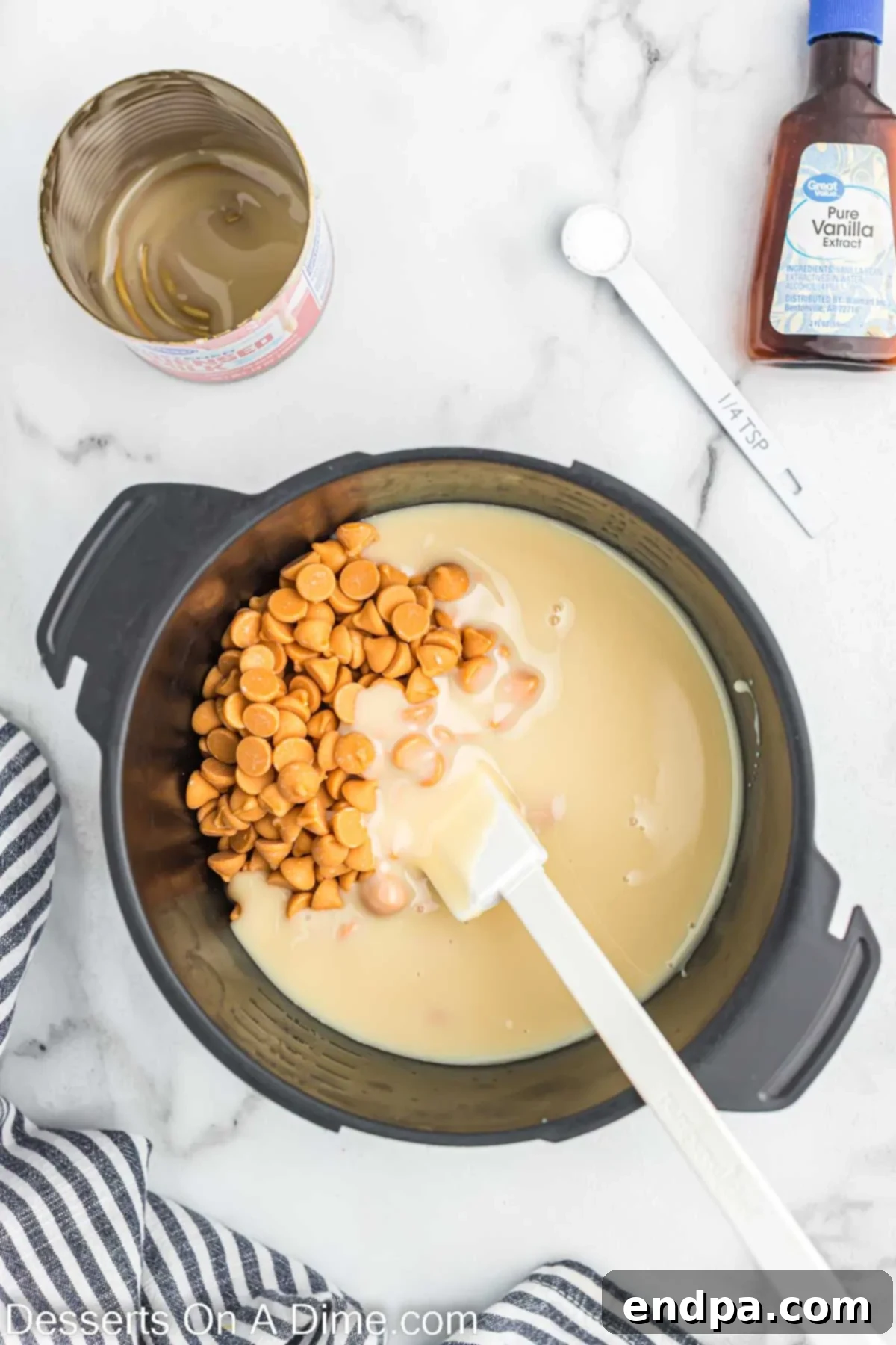Golden Butterscotch Fudge 4 Butterscotch chips and sweetened condensed milk in a bowl, ready to be stirred.