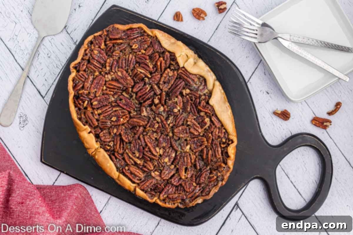 Crock Pot Pecan Pie on a cutting board ready to enjoy. A rich, golden-brown pie with a generous layer of pecans. 