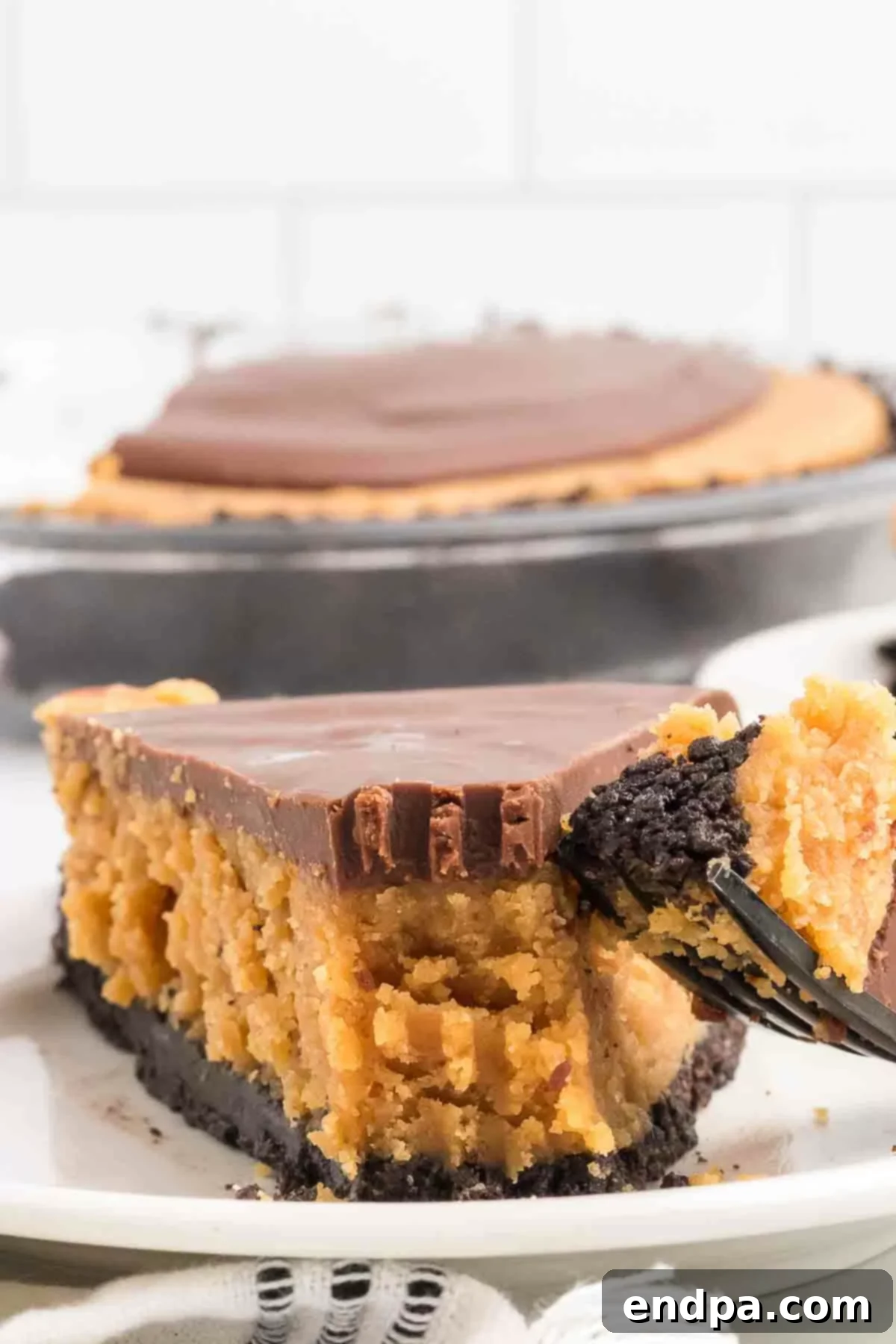 A beautifully sliced piece of Buckeye pie resting on a white plate, ready to be enjoyed. The distinct layers of dark Oreo crust, creamy peanut butter filling, and glossy chocolate ganache are clearly visible, with a fork poised nearby.