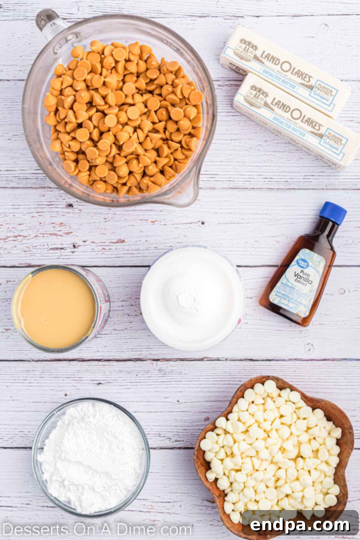 Dreamy Butterbeer Fudge 3 A flat lay of ingredients for Harry Potter butterbeer fudge, including butterscotch chips, sweetened condensed milk, powdered sugar, butter, marshmallows, and white chocolate chips.