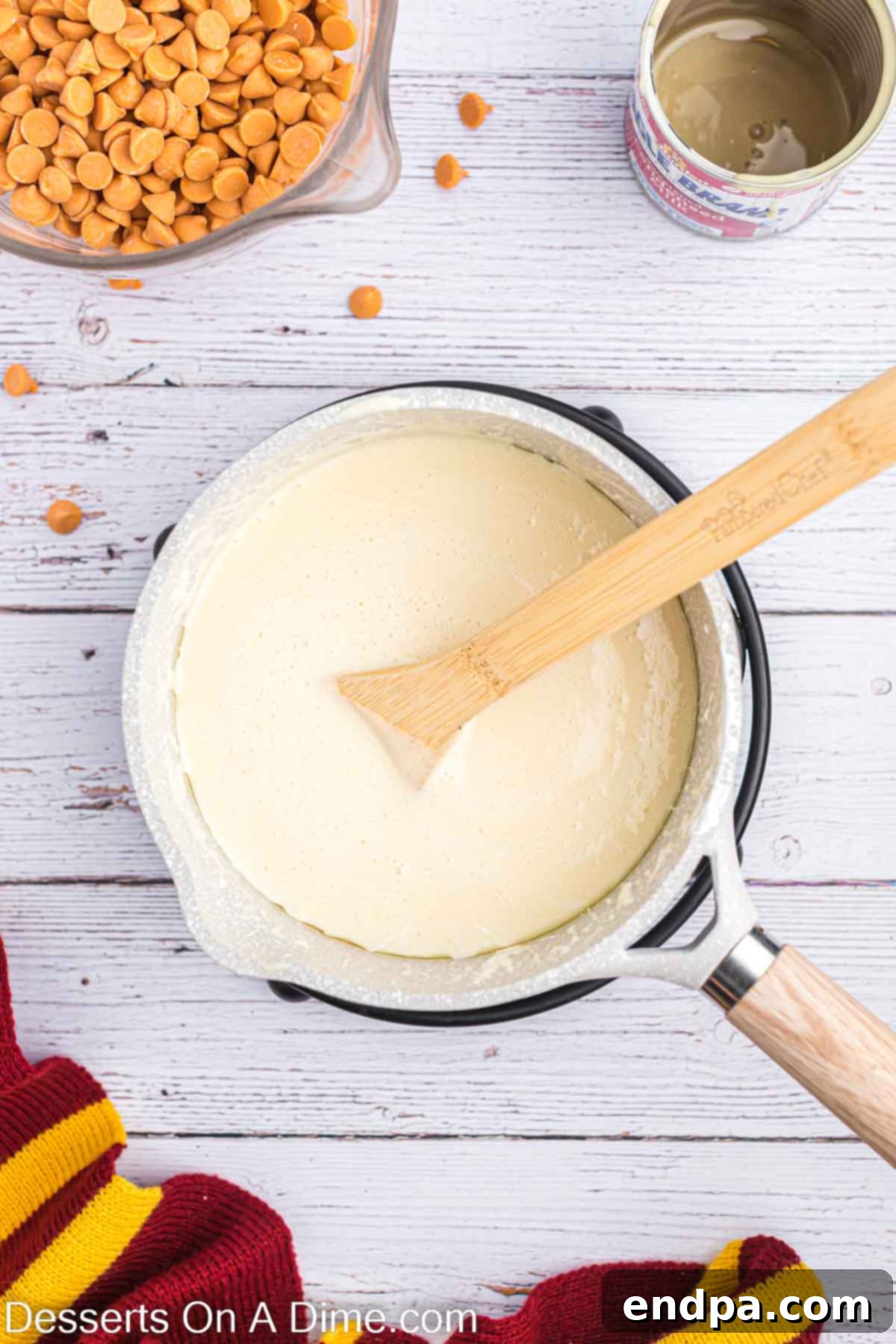Dreamy Butterbeer Fudge 6 Saucepan containing melted vanilla mixture, smooth and ready for the next step.