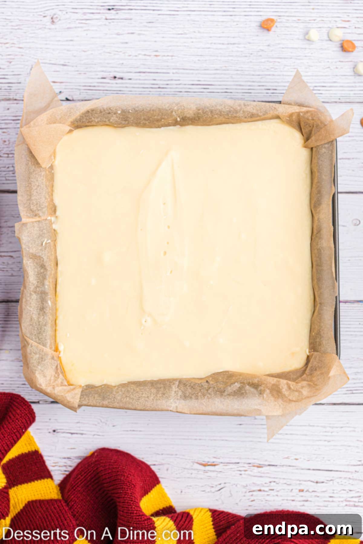 Dreamy Butterbeer Fudge 10 Creamy white vanilla fudge layer poured and gently smoothed over the set butterscotch layer in the baking dish.