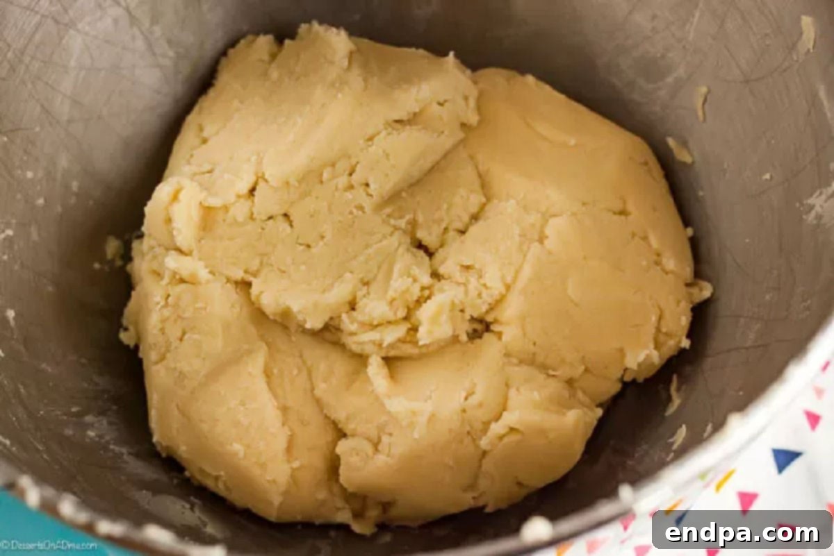 Perfectly Buttery Bites 2 A close-up view of cookie dough expertly combined in a mixing bowl, showcasing its smooth and pliable texture, ready for piping.
