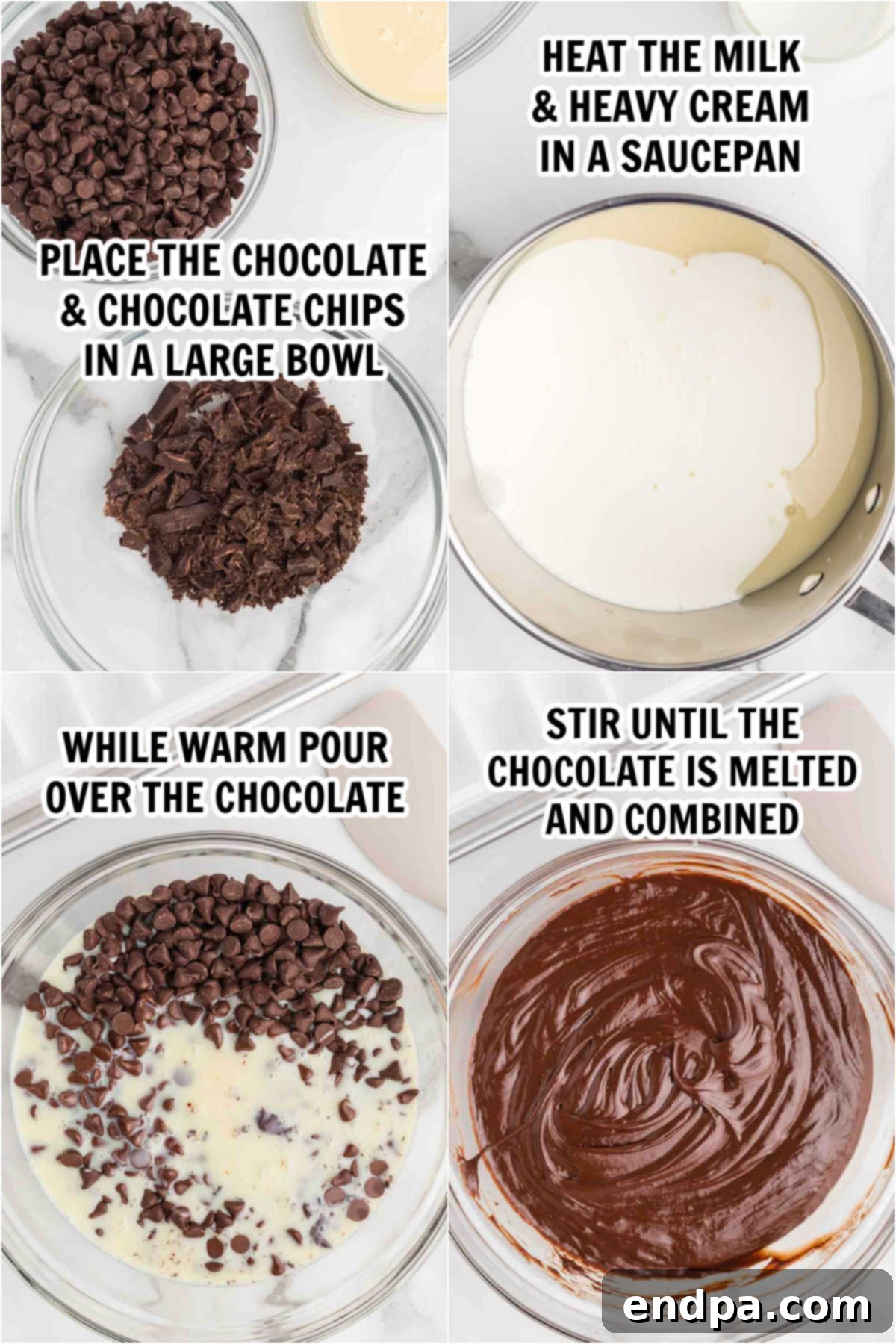 Process photos showing chocolate melting in a bowl after hot cream mixture has been poured over it.