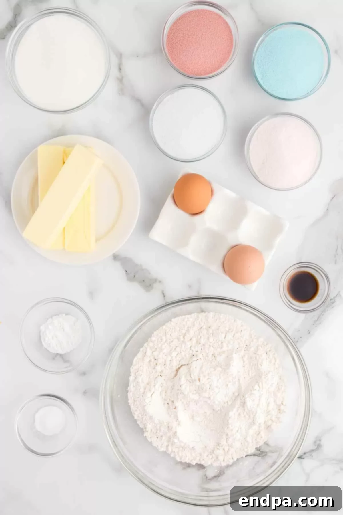 Vibrant Jello Bites 3 Ingredients for Jello sugar cookies - butter, sugar, eggs, vanilla, flour, baking soda, jell-o, food coloring.