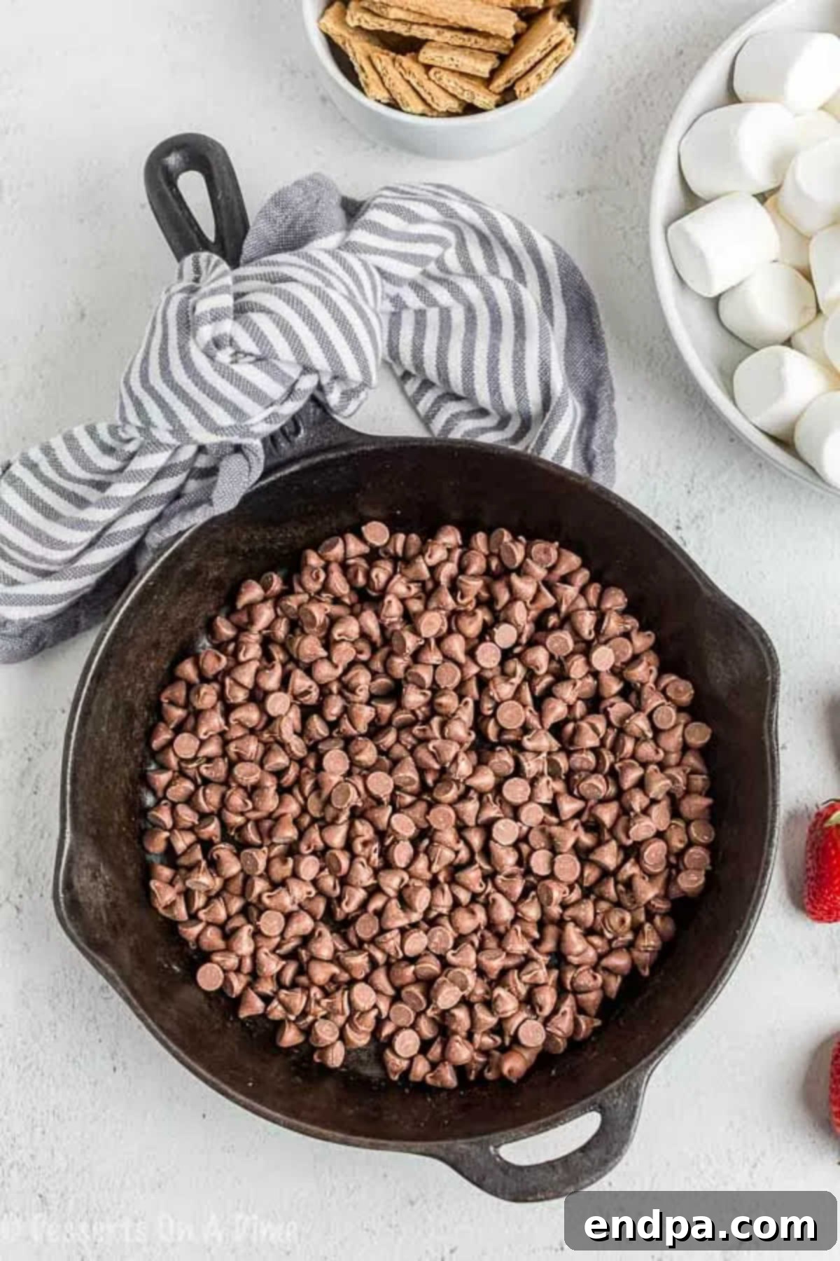 Chocolate Chips in cast iron pan.