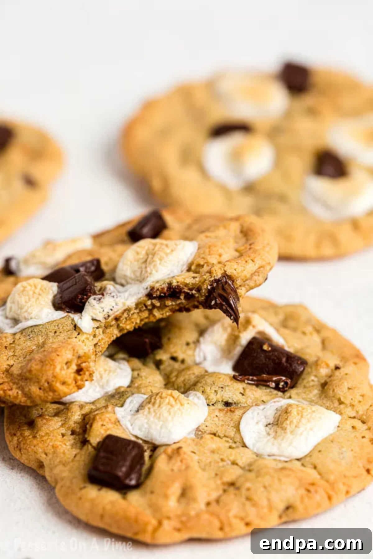 Everything you love about s'mores is packed into this tasty S'mores Cookies Recipe. Each bite is ooey gooey with lots of chocolate, marshmallows and more! A beautifully composed close-up of a stack of homemade s'mores cookies, highlighting their golden edges, soft centers, and generous layers of melted chocolate and toasted marshmallow.