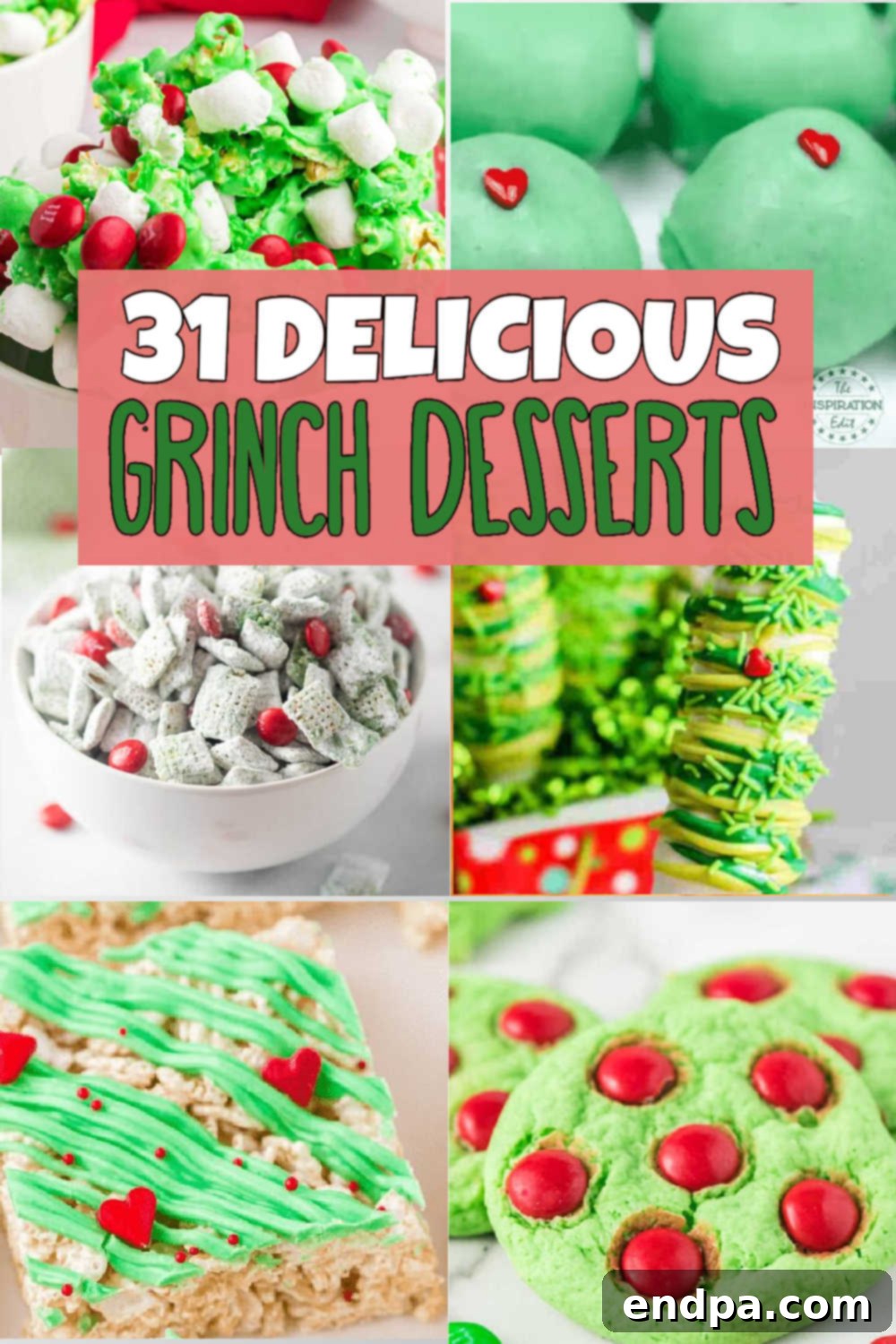 Grinchmas Dessert Delights 2 A festive collection of Grinch-themed desserts, including green cookies with red hearts, perfect for holiday parties and movie nights.