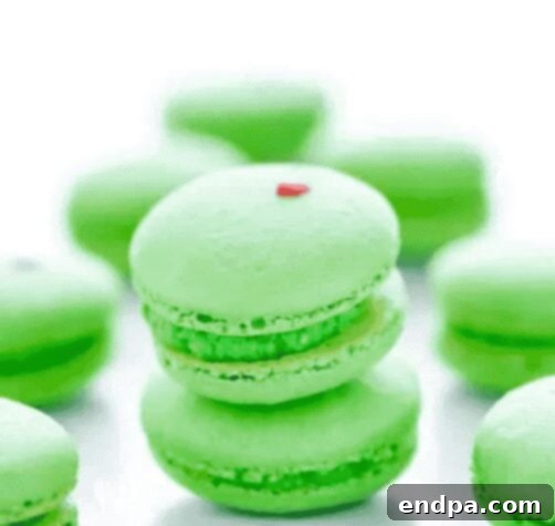 Grinchmas Dessert Delights 10 Grinch Heart Macarons, green with a red heart in the center.