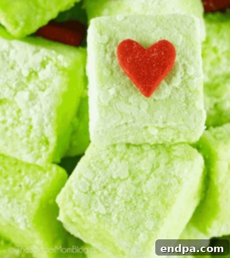 Grinchmas Dessert Delights 24 Grinch Marshmallows, homemade green marshmallows with a red heart.