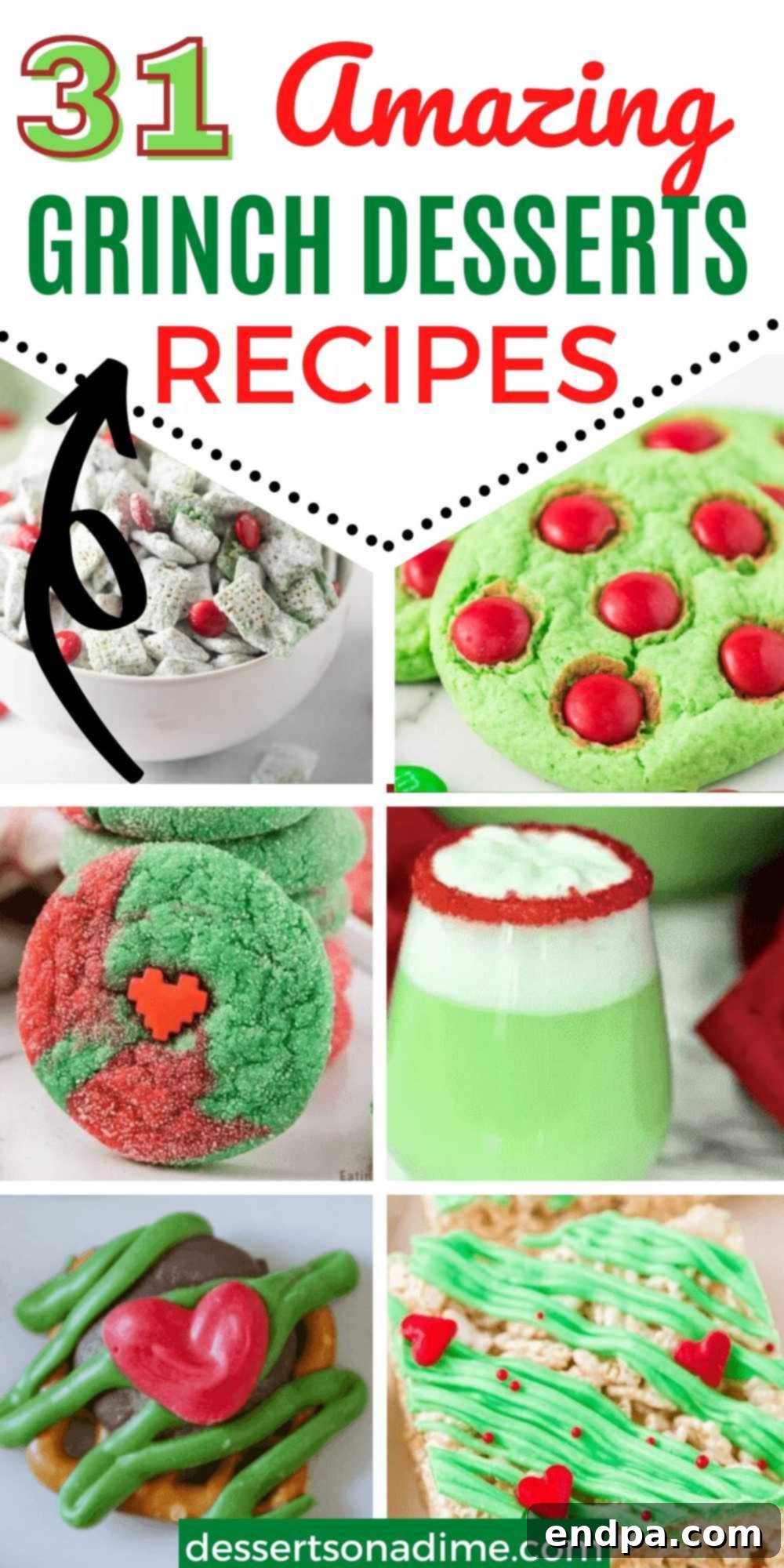 Grinchmas Dessert Delights 31 A vibrant collage of various Grinch desserts, highlighting different treats like cookies, popcorn, and truffles, all in festive green and red.