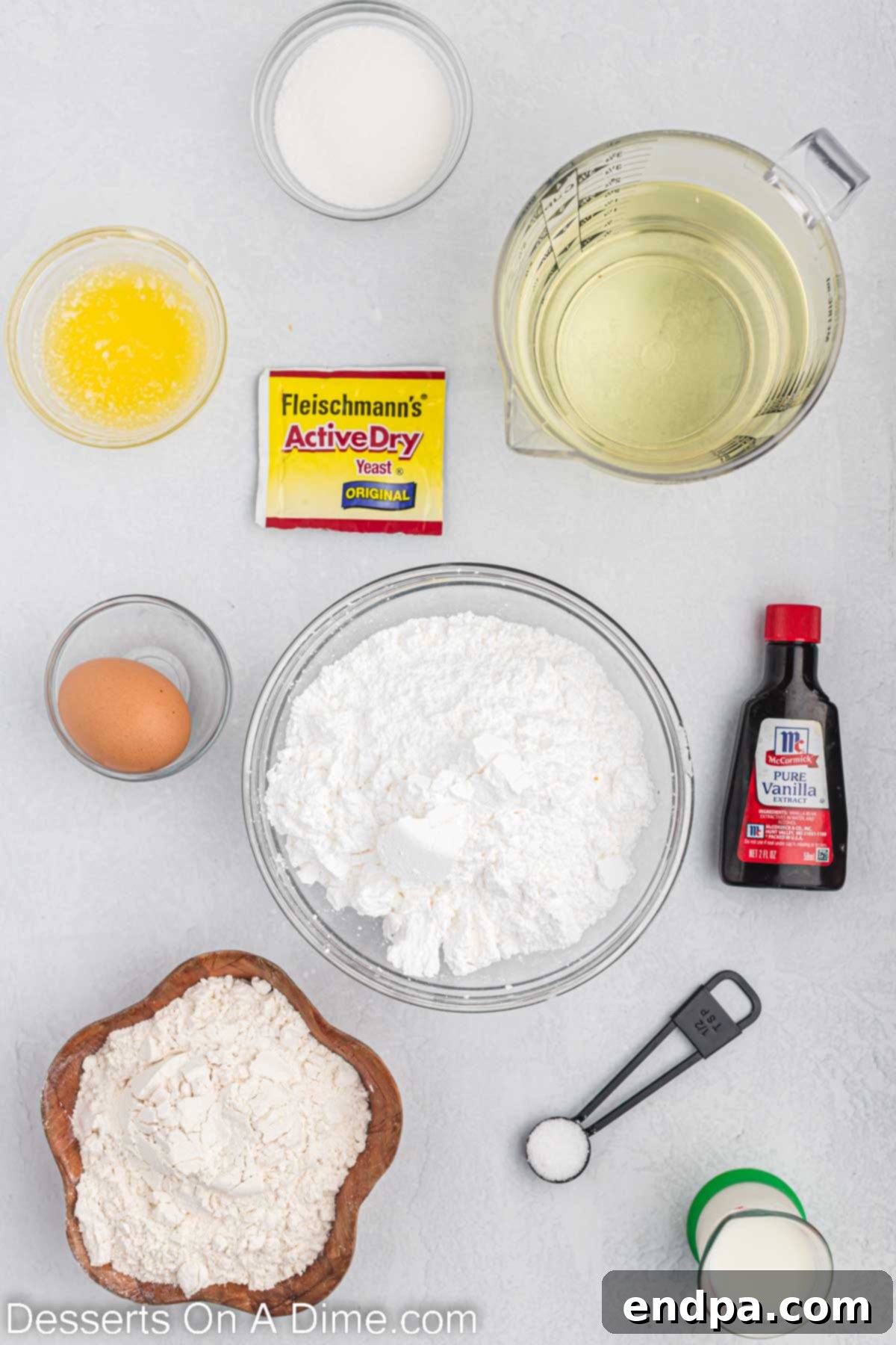 Ingredients for Krispy Kreme Donuts - milk, all purpose flour, yeast, butter, vegetable oil, powdered sugar, vanilla.