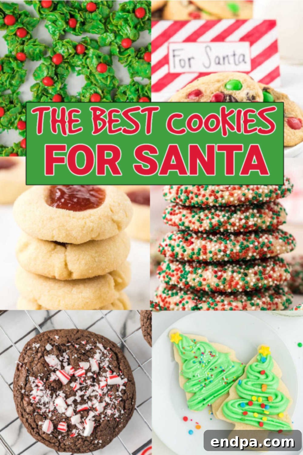 Sweet Bites Santa Won't Forget 2 A festive plate of assorted Christmas cookies for Santa, with a glass of milk beside it. Cookies include gingerbread, sugar cookies, and chocolate chip.