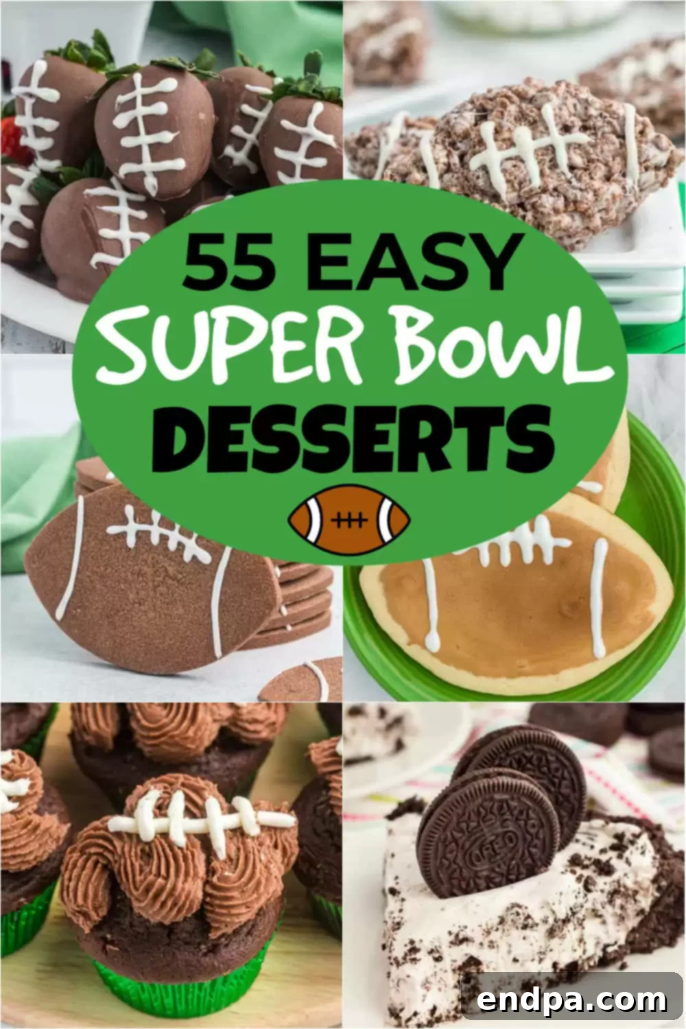 Touchdown Desserts: 55 Recipes for Your Super Bowl Party 2 A vibrant selection of Super Bowl themed desserts, including football-shaped treats and chocolate peanut butter balls, arranged on a serving platter, perfect for a festive Game Day party.