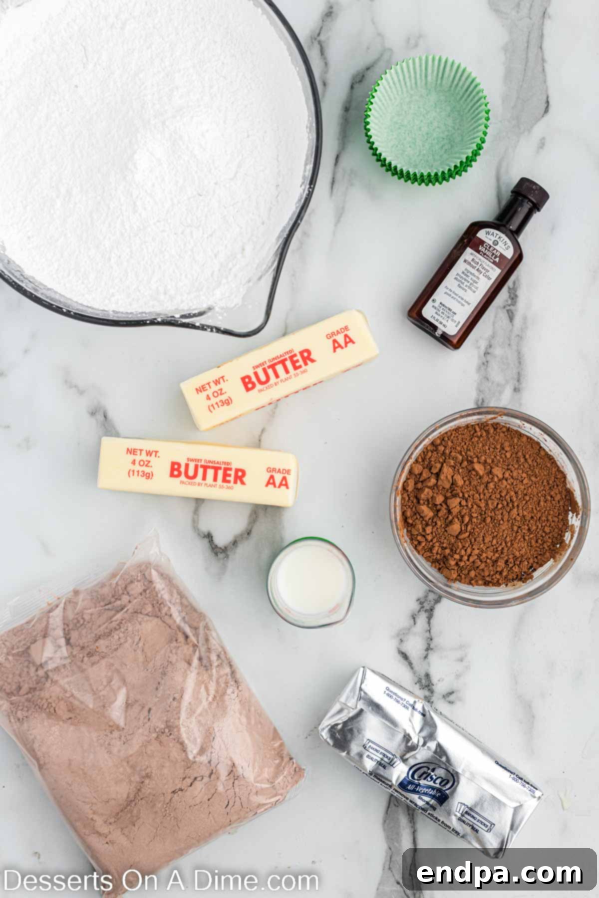 Kick-Off Cupcakes 3 Ingredients for Football cupcakes, including devil's food cake mix, green cupcake liners, butter, vanilla extract, confectioners' sugar, and milk.