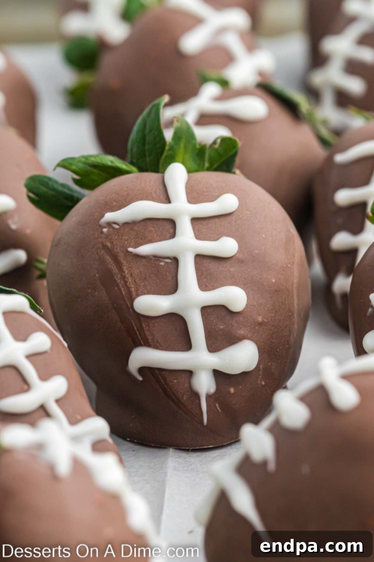 Touchdown Chocolate Strawberries 2 Close up photo of football chocolate covered strawberries.