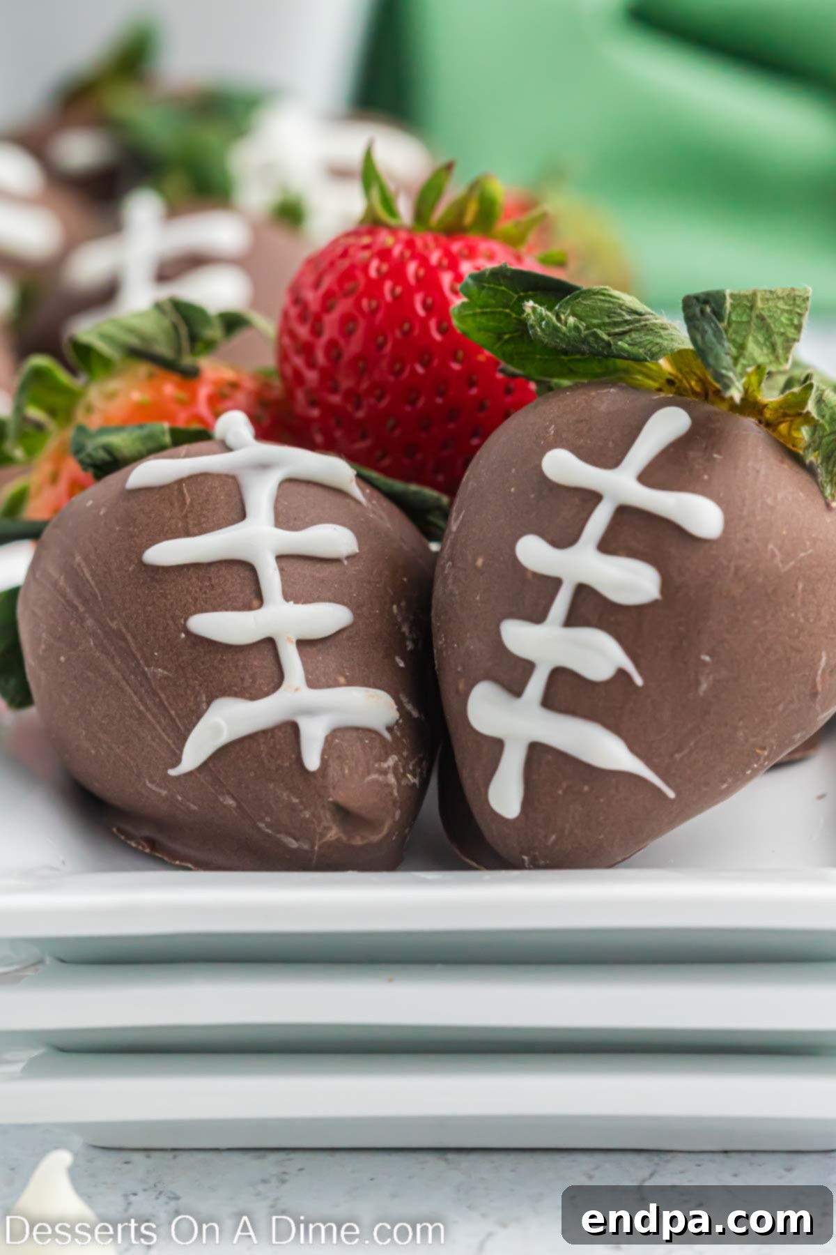 Touchdown Chocolate Strawberries 8 Close up photo of football chocolate covered strawberries.