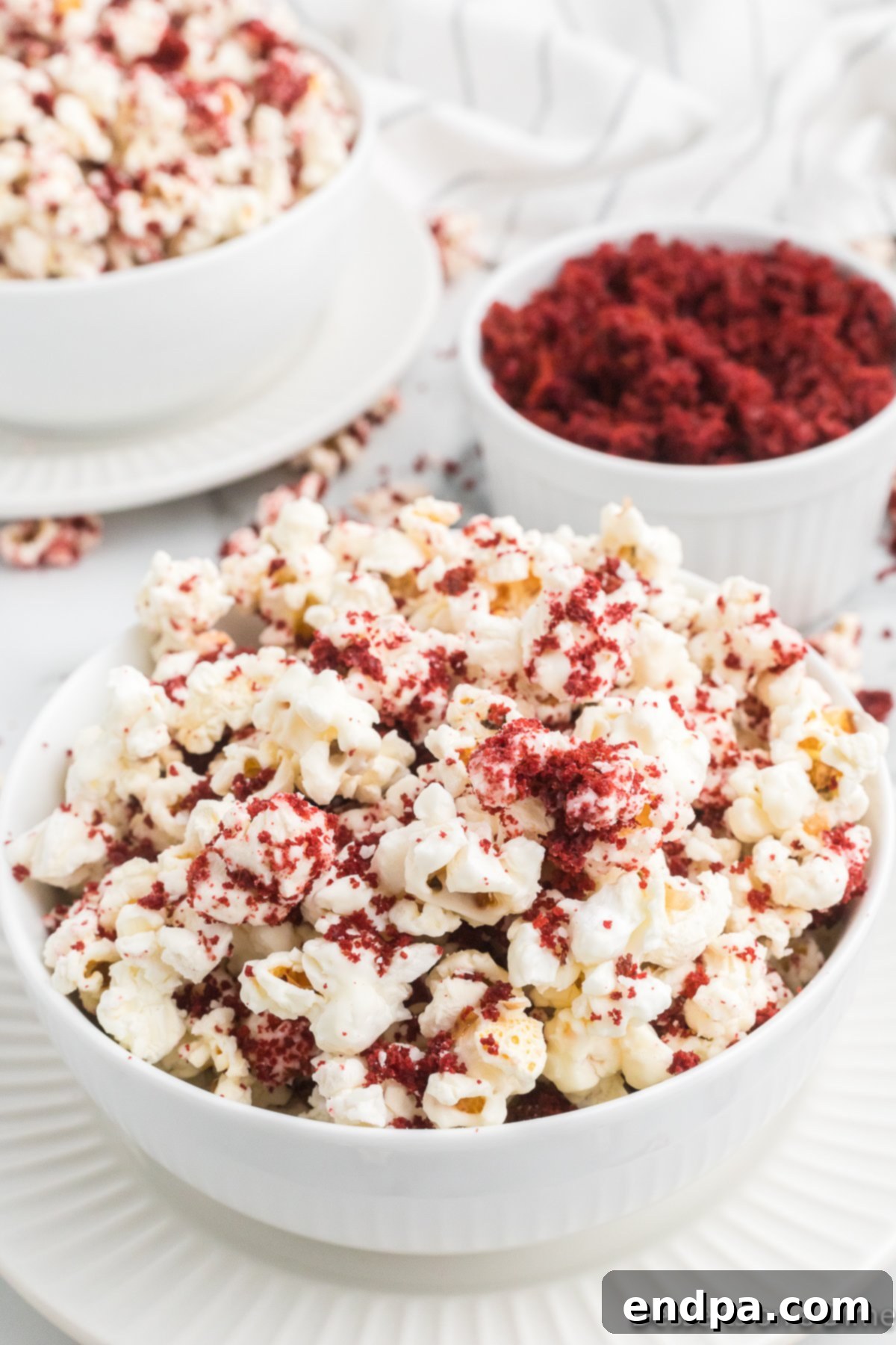 A bowl overflowing with freshly made Red Velvet Popcorn, showcasing its vibrant red color and white chocolate drizzle.