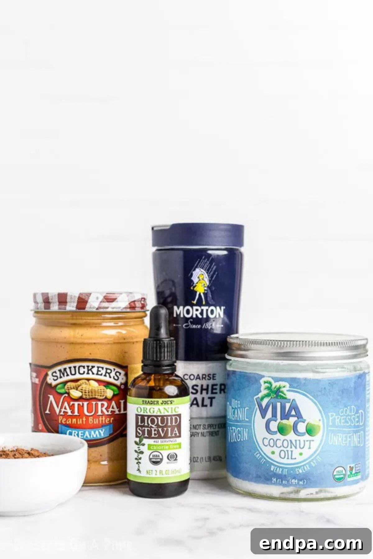 Ingredients needed - peanut butter, coconut oil, cocoa powder, stevia, sea salt for delicious keto chocolate peanut butter fat bombs