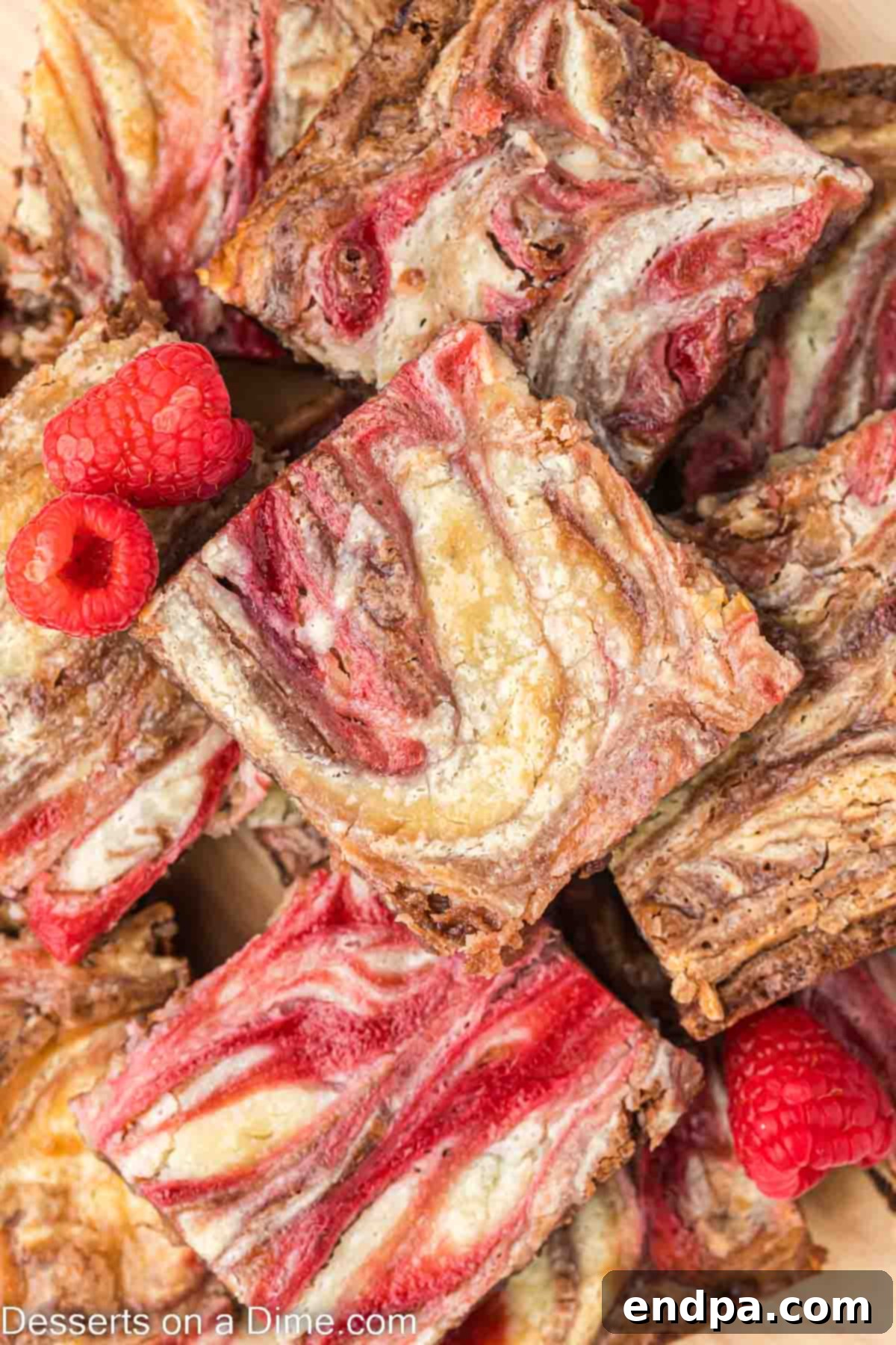 Raspberry Brownies cut into squares and stacked