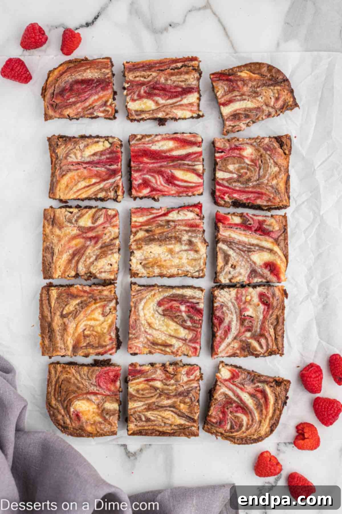 Raspberries brownies cut into squares